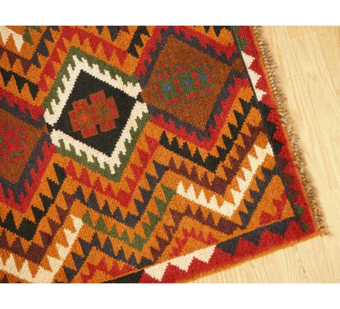 Preciosa alfombra azteca Kilim geométrica vintage Hecho a mano en venta