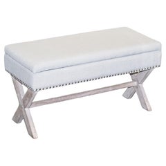 LOVELY VINTAGE GREY TAUPE FABRIC OTTOMAN WITH STORAGE SPACE RAiSED ON X FRAME