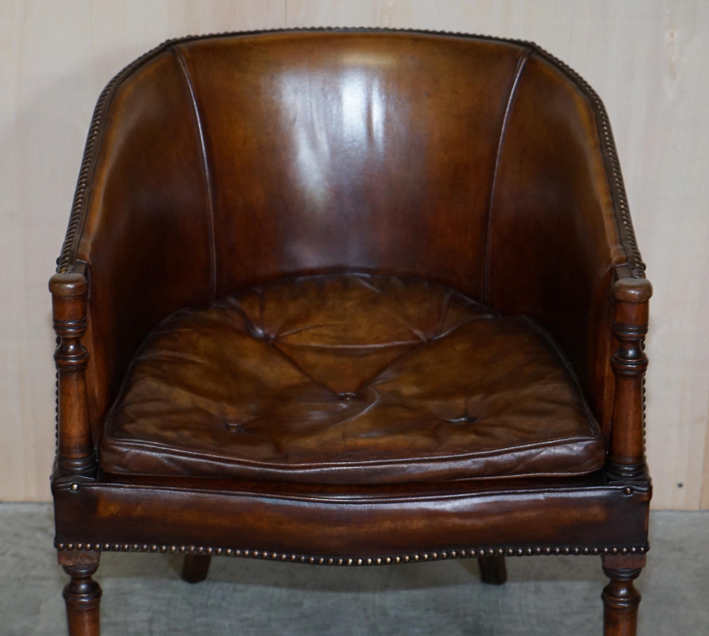 Victorian Lovely Vintage Hand Dyed Aged Brown Leather Tub Club Armchair Chesterfield Seat