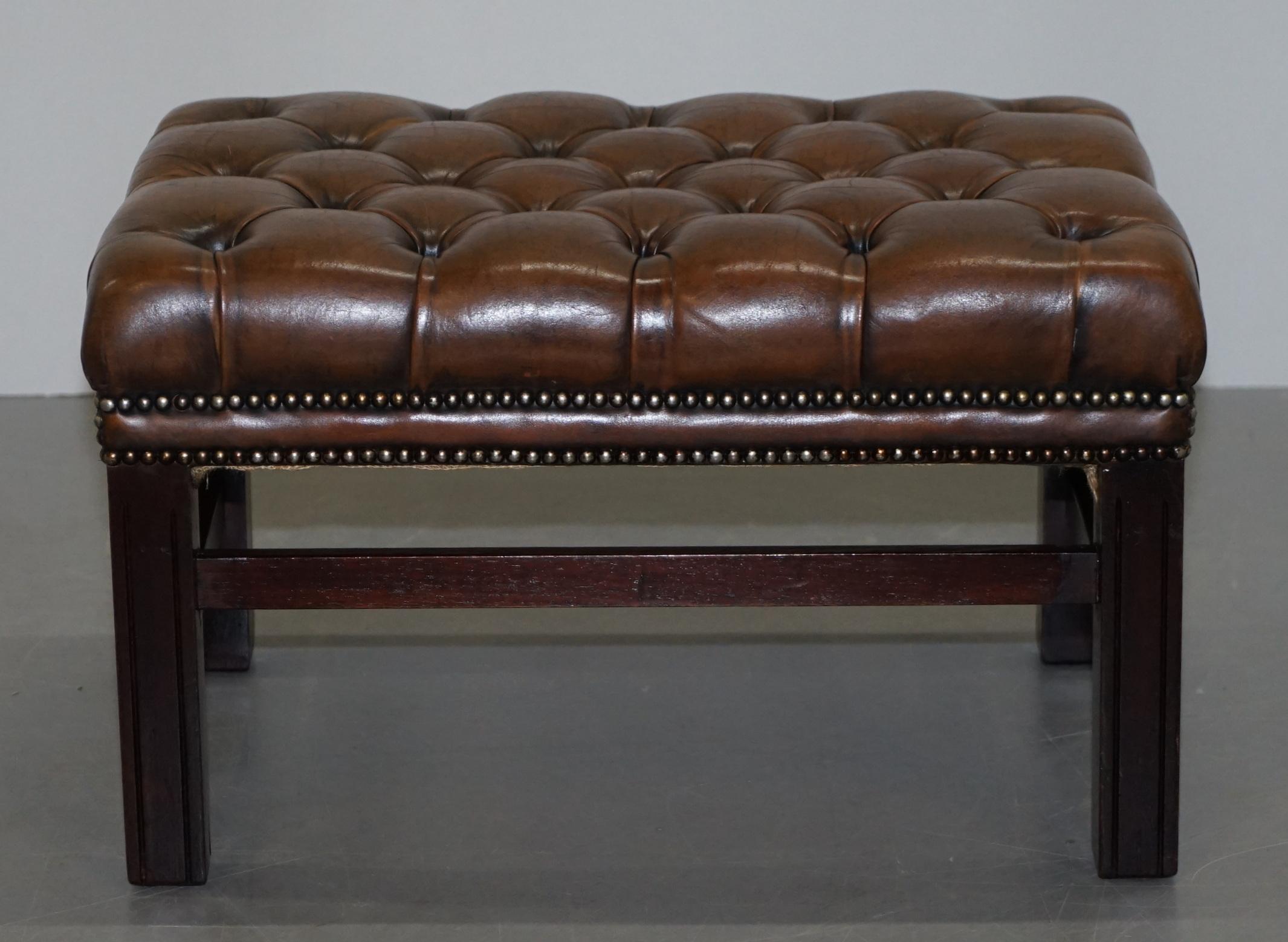 20th Century Lovely Vintage Hand Dyed Brown Leather Large Chesterfield Tufted Footstool
