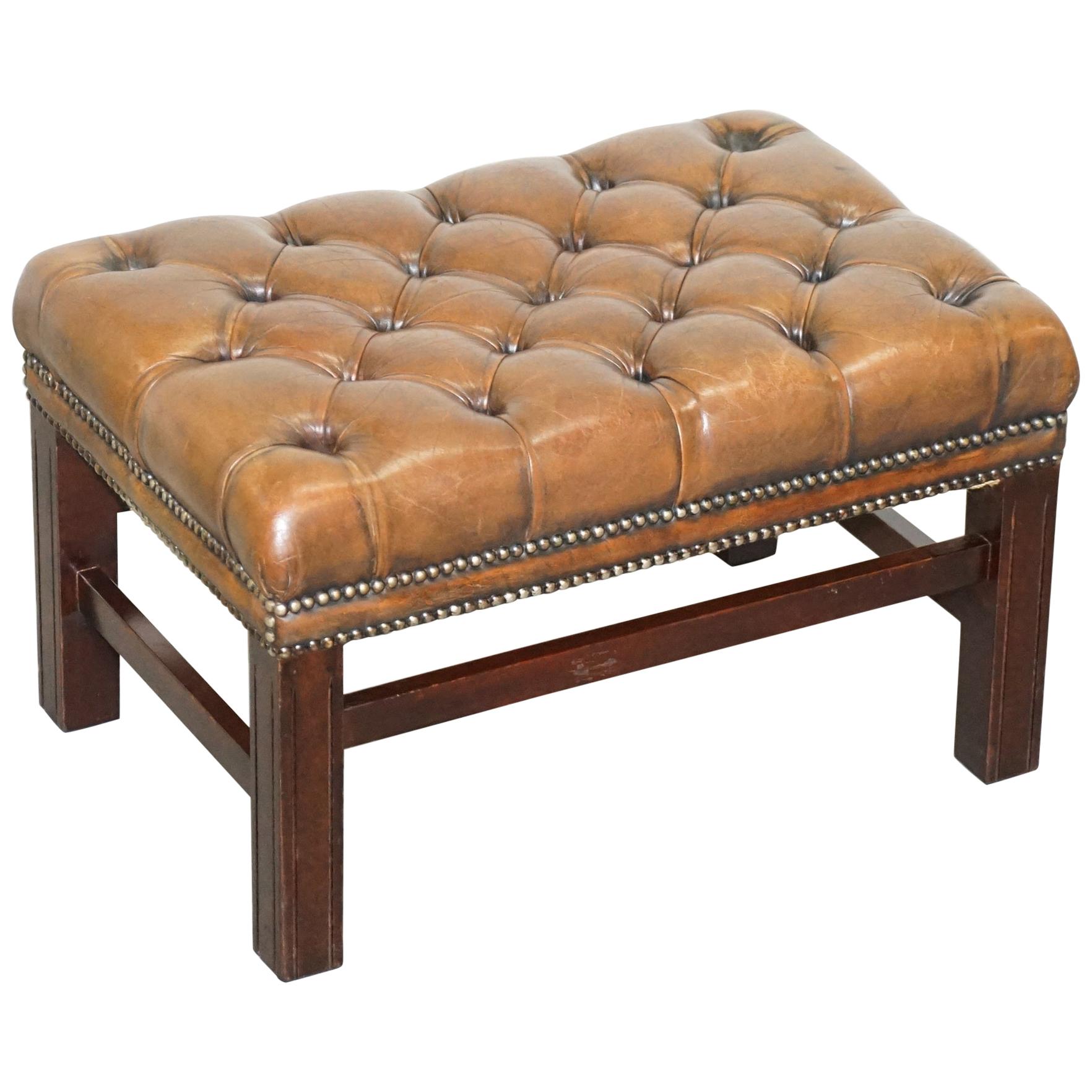 Lovely Vintage Hand Dyed Brown Leather Large Chesterfield Tufted Footstool