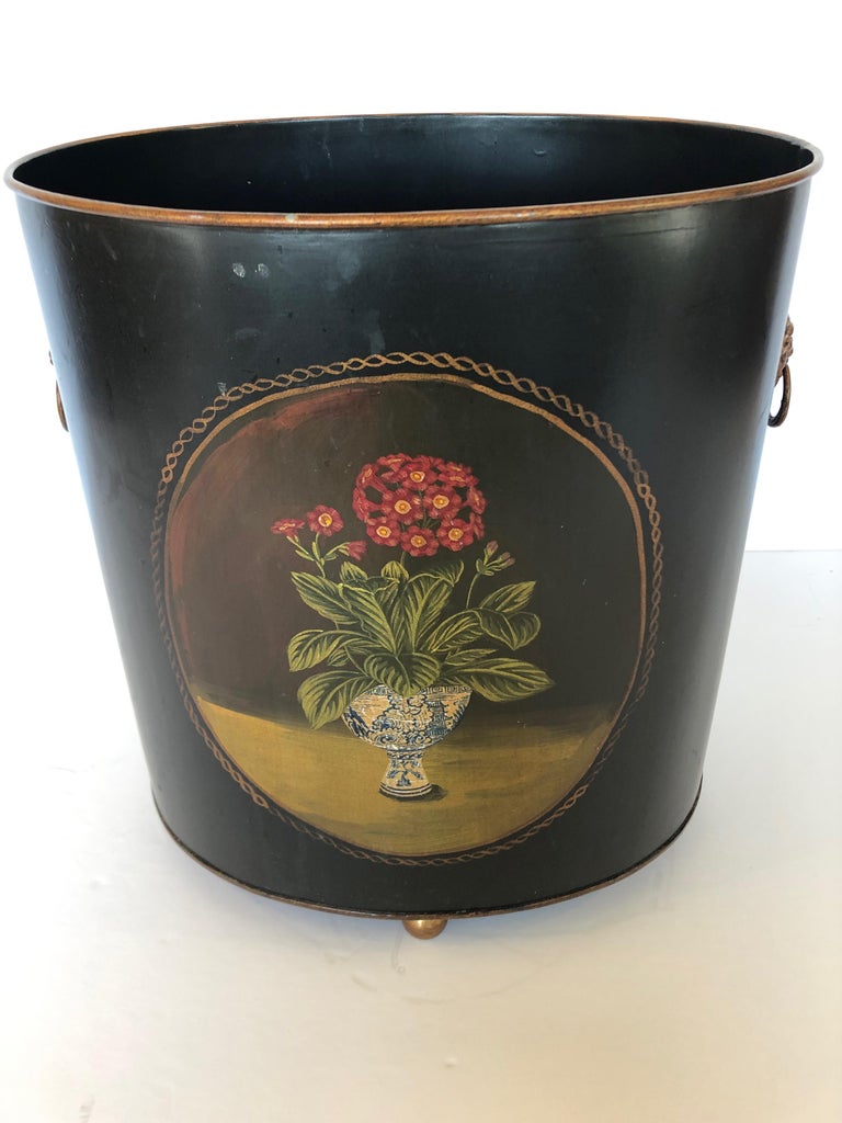 Lovely Vintage Hand Painted Tole Waste Basket For Sale at 1stdibs