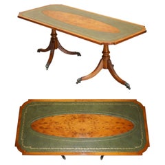 LOVELY ViNTAGE HARRODS LONDON BURR & BURL YEW WOOD GREEN LEATHER COFFEE TABLE