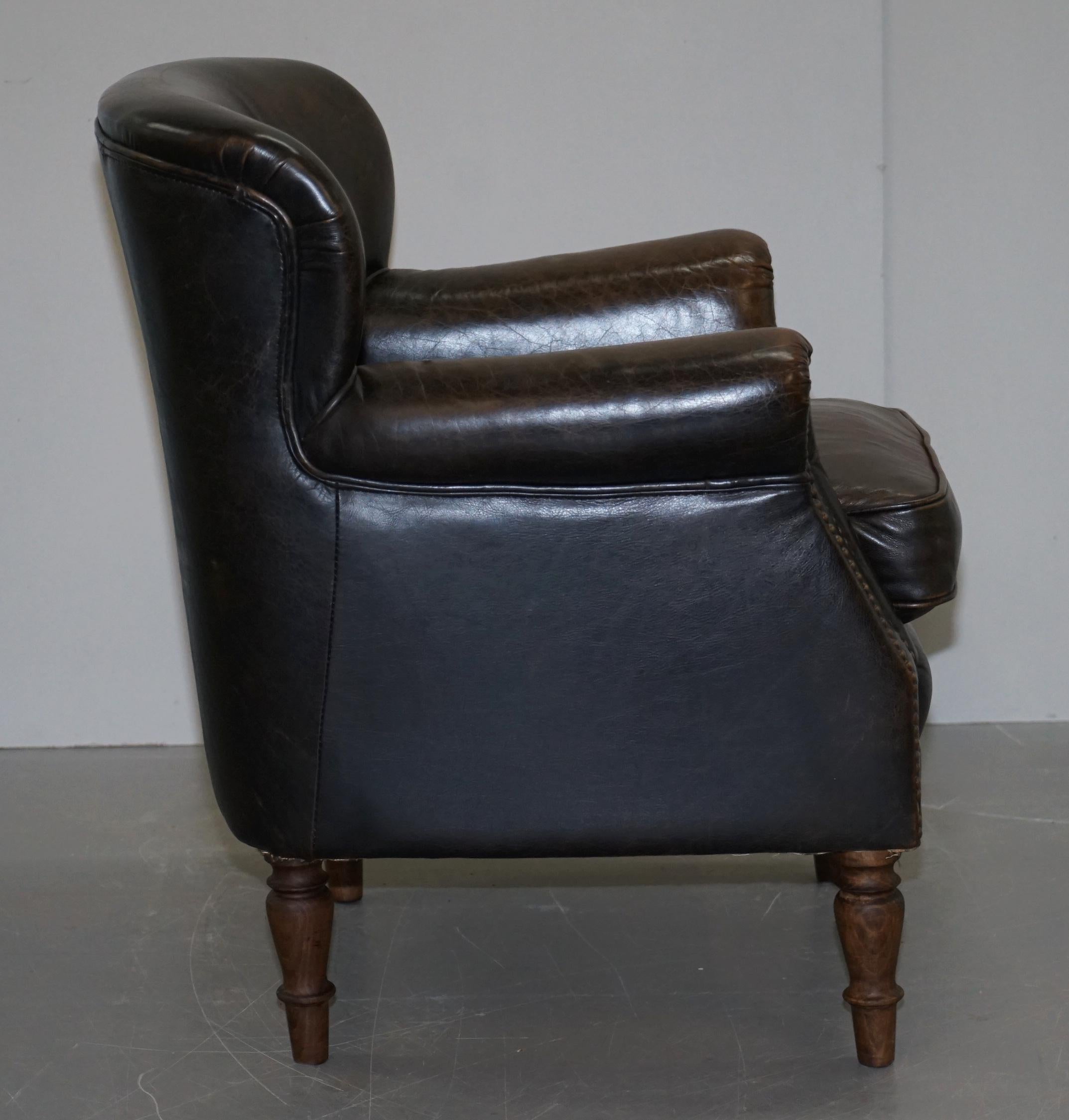Lovely Vintage Heritage Aged Brown Leather Club Armchair Beech Wood Turned Legs 4