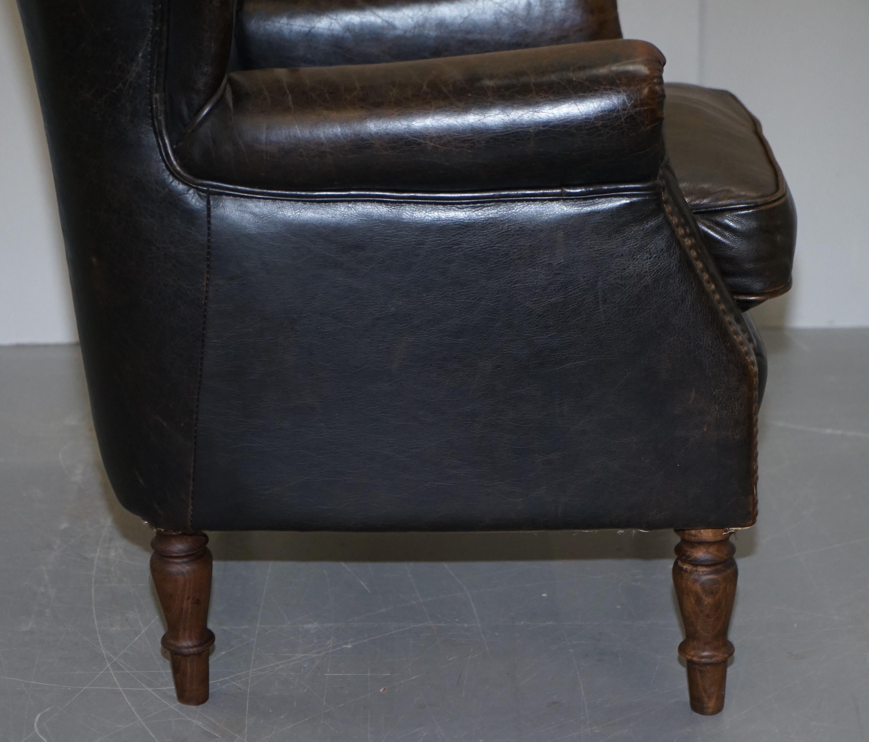 Lovely Vintage Heritage Aged Brown Leather Club Armchair Beech Wood Turned Legs 5