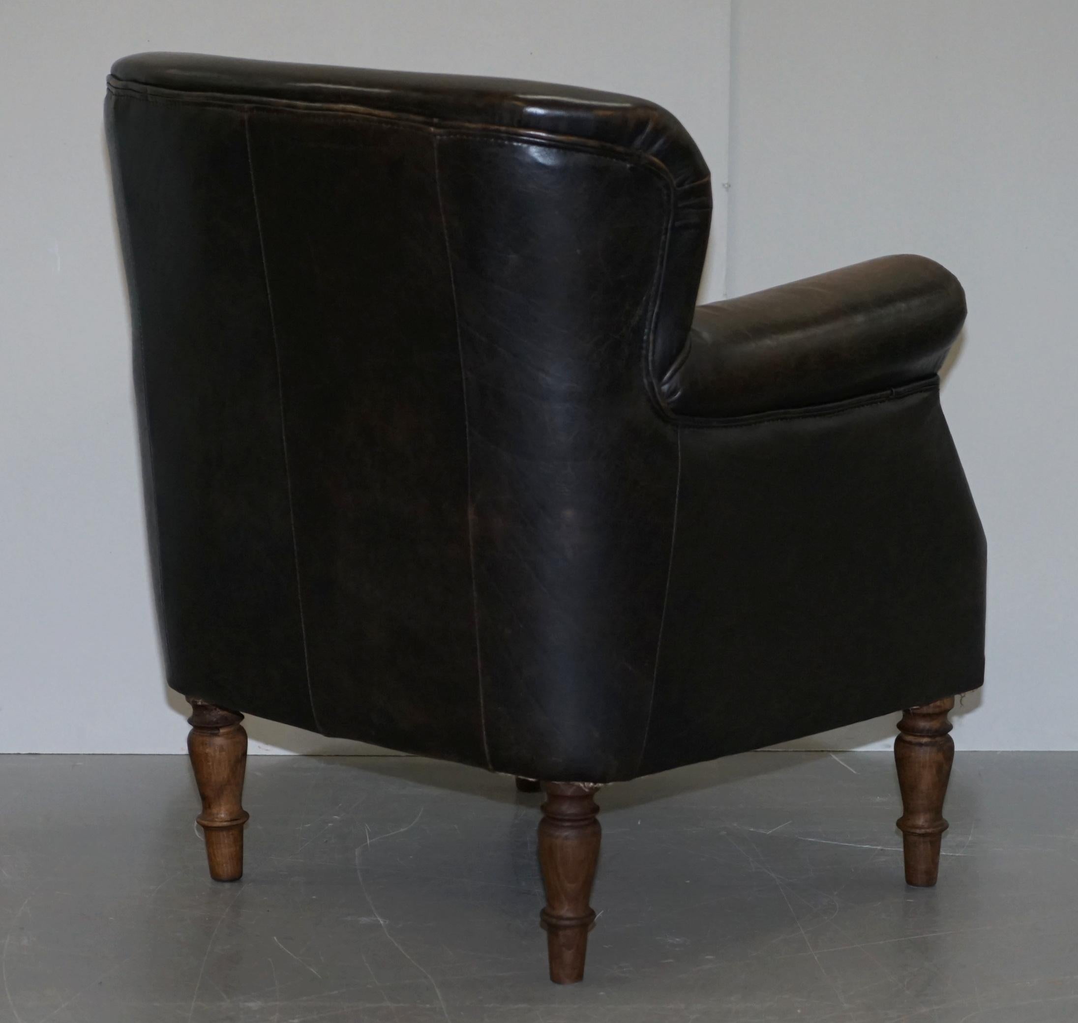Lovely Vintage Heritage Aged Brown Leather Club Armchair Beech Wood Turned Legs 6