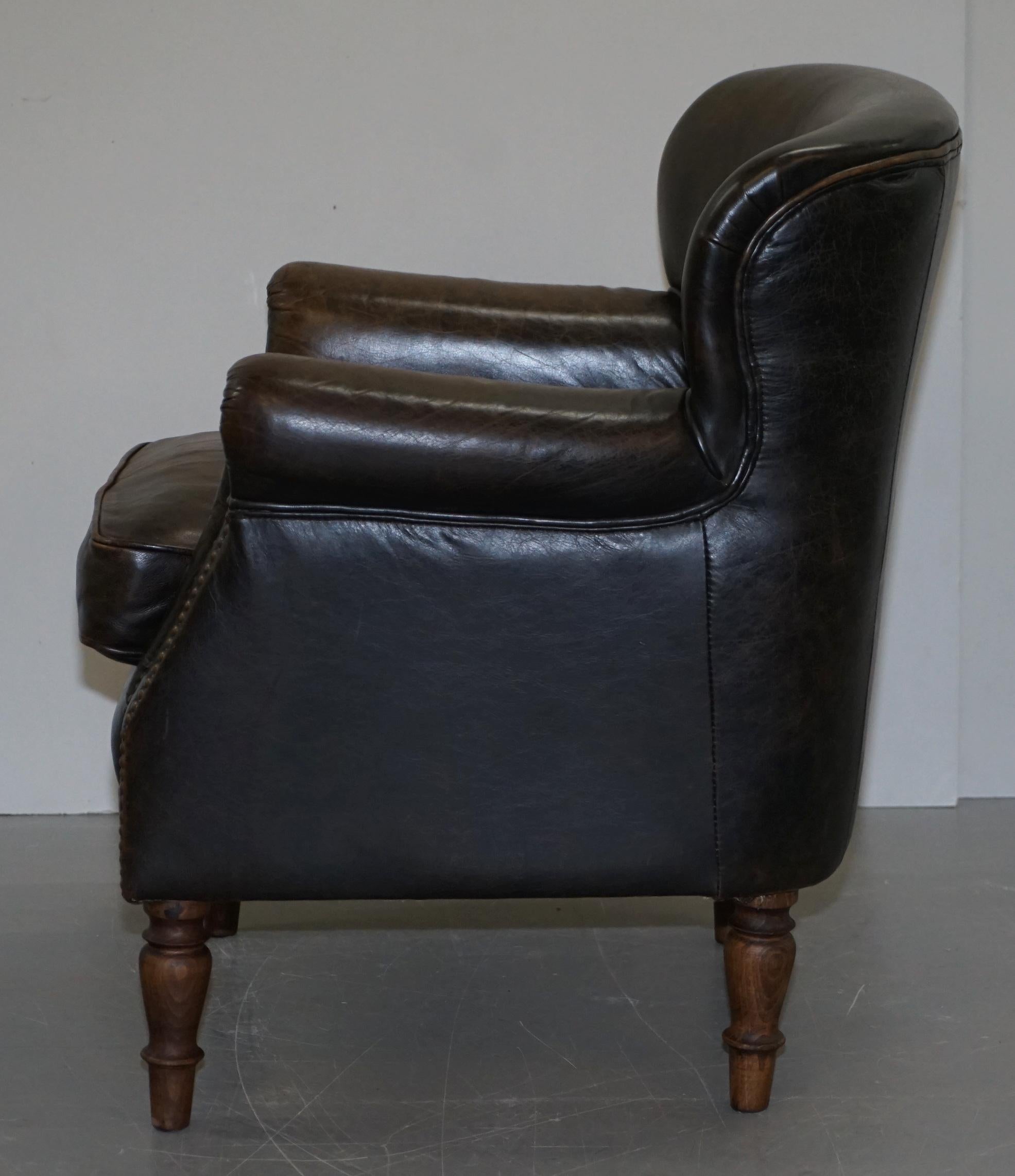 Lovely Vintage Heritage Aged Brown Leather Club Armchair Beech Wood Turned Legs 8