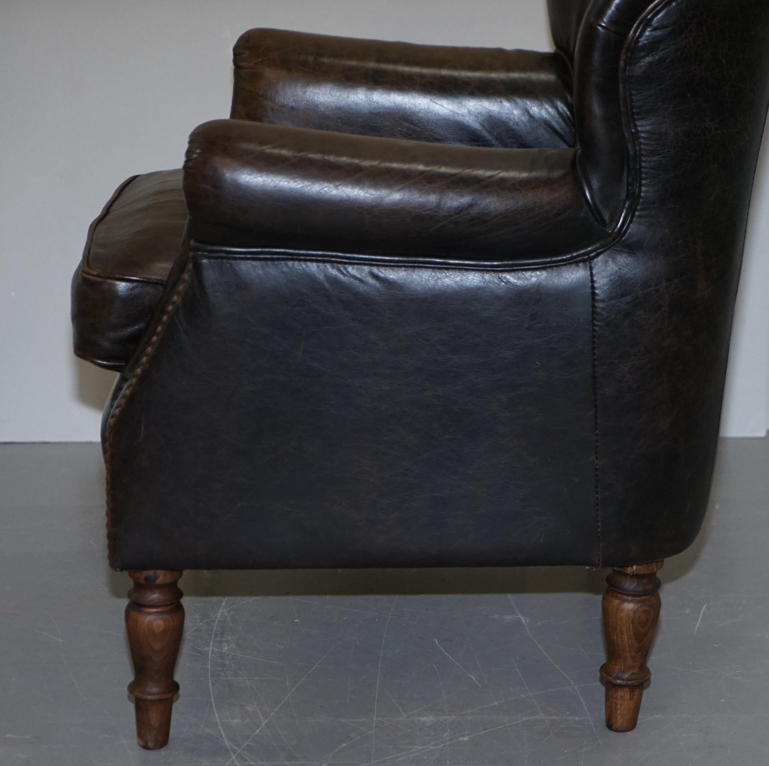 Lovely Vintage Heritage Aged Brown Leather Club Armchair Beech Wood Turned Legs 9