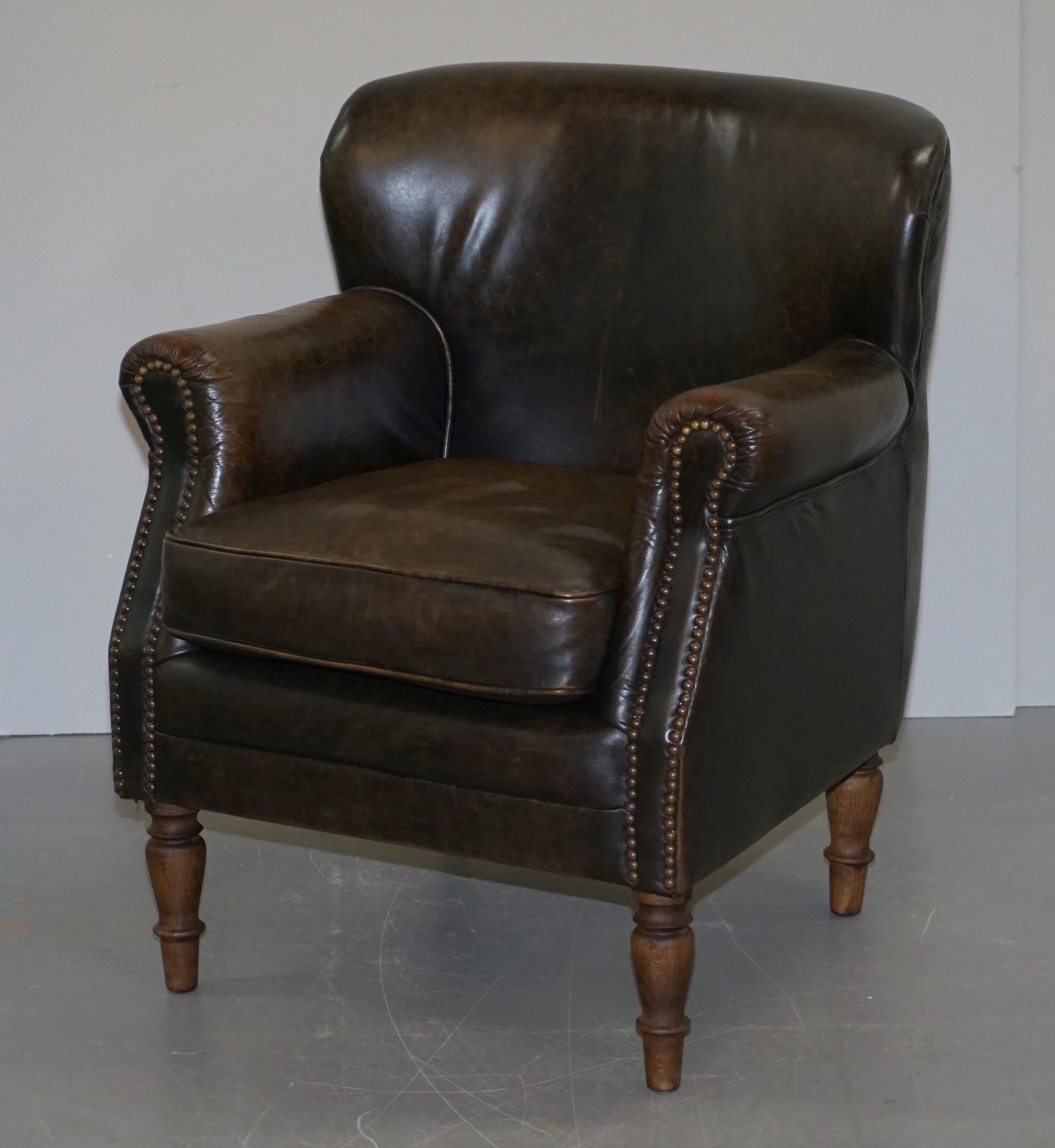 Art Deco Lovely Vintage Heritage Aged Brown Leather Club Armchair Beech Wood Turned Legs