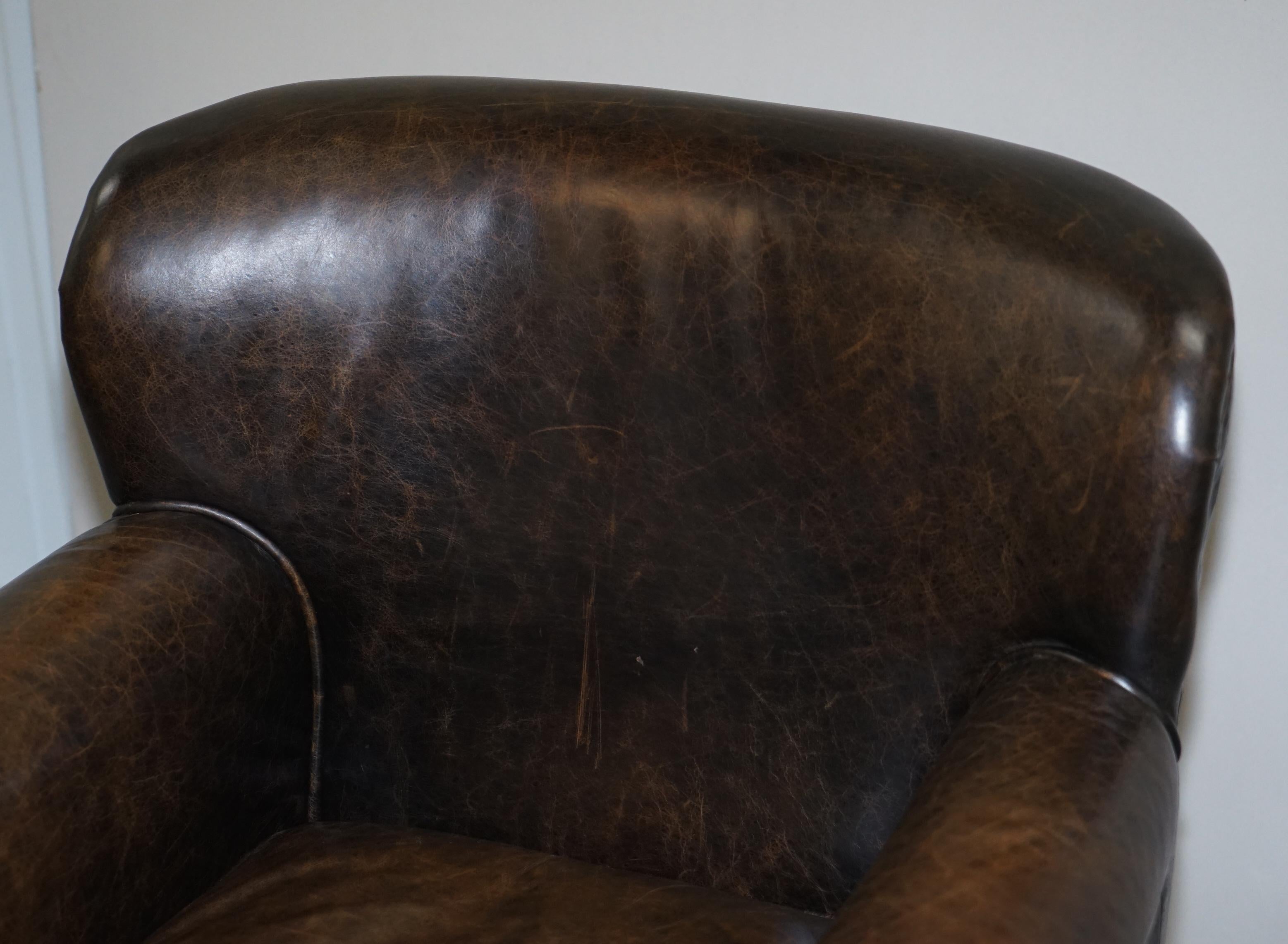 English Lovely Vintage Heritage Aged Brown Leather Club Armchair Beech Wood Turned Legs