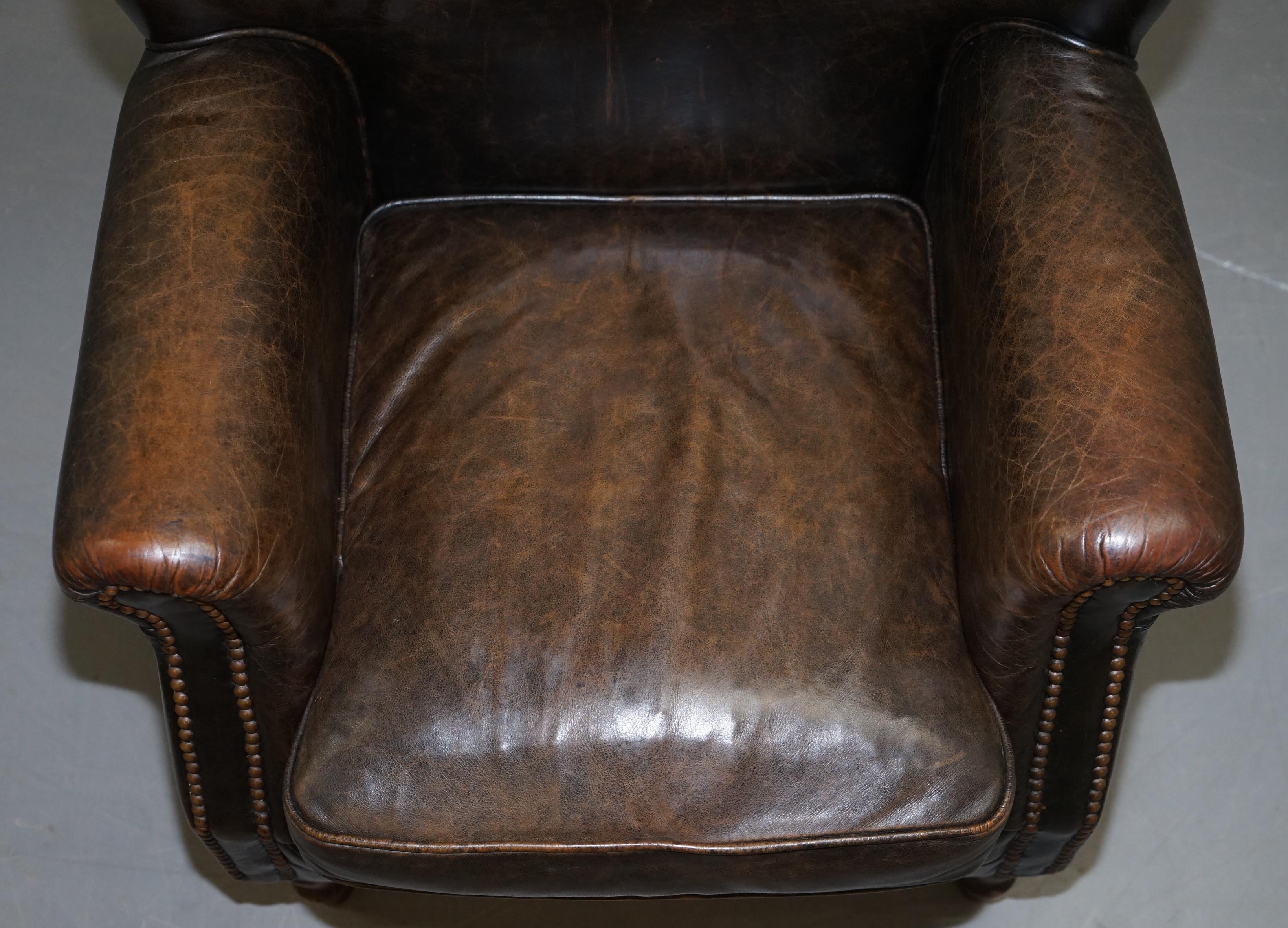 Hand-Crafted Lovely Vintage Heritage Aged Brown Leather Club Armchair Beech Wood Turned Legs