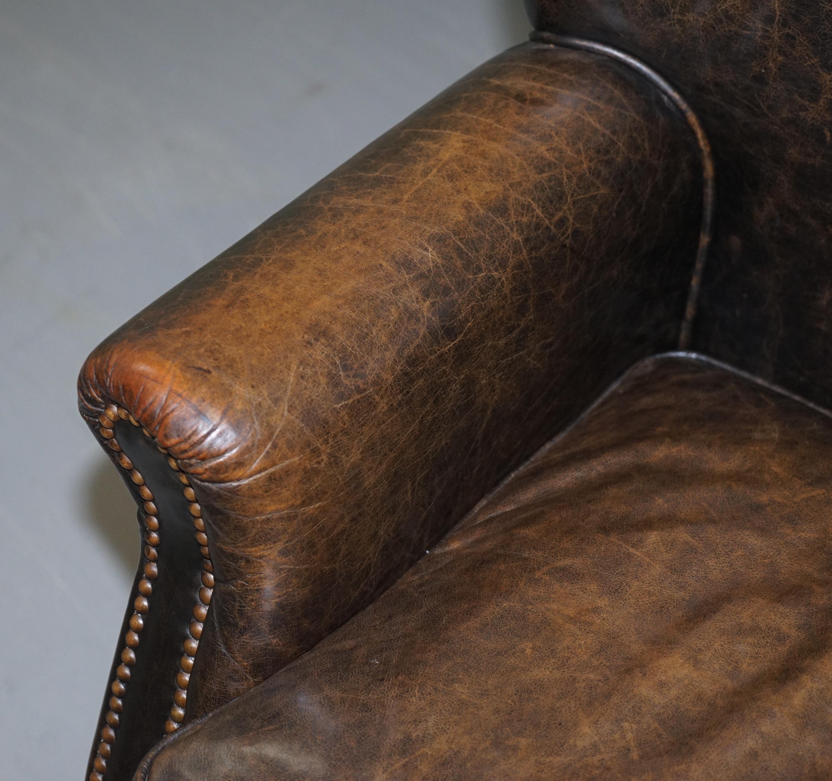 20th Century Lovely Vintage Heritage Aged Brown Leather Club Armchair Beech Wood Turned Legs