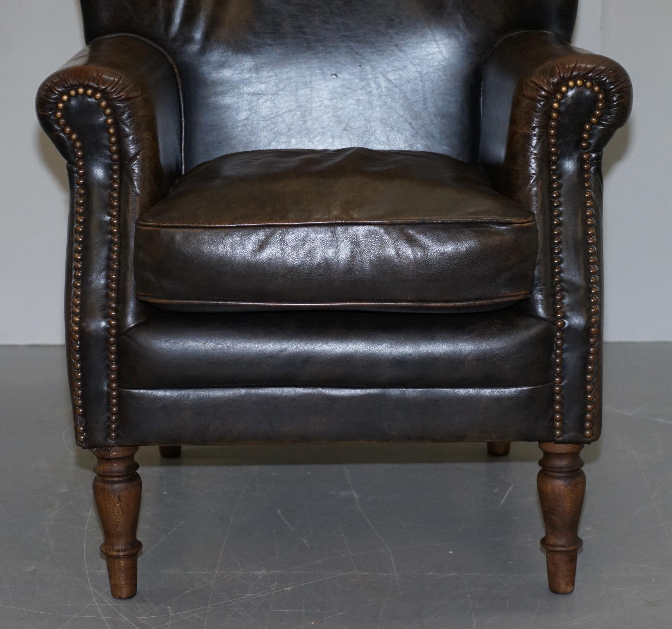 Lovely Vintage Heritage Aged Brown Leather Club Armchair Beech Wood Turned Legs 1