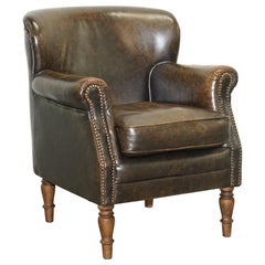 Lovely Vintage Heritage Aged Brown Leather Club Armchair Beech Wood Turned Legs