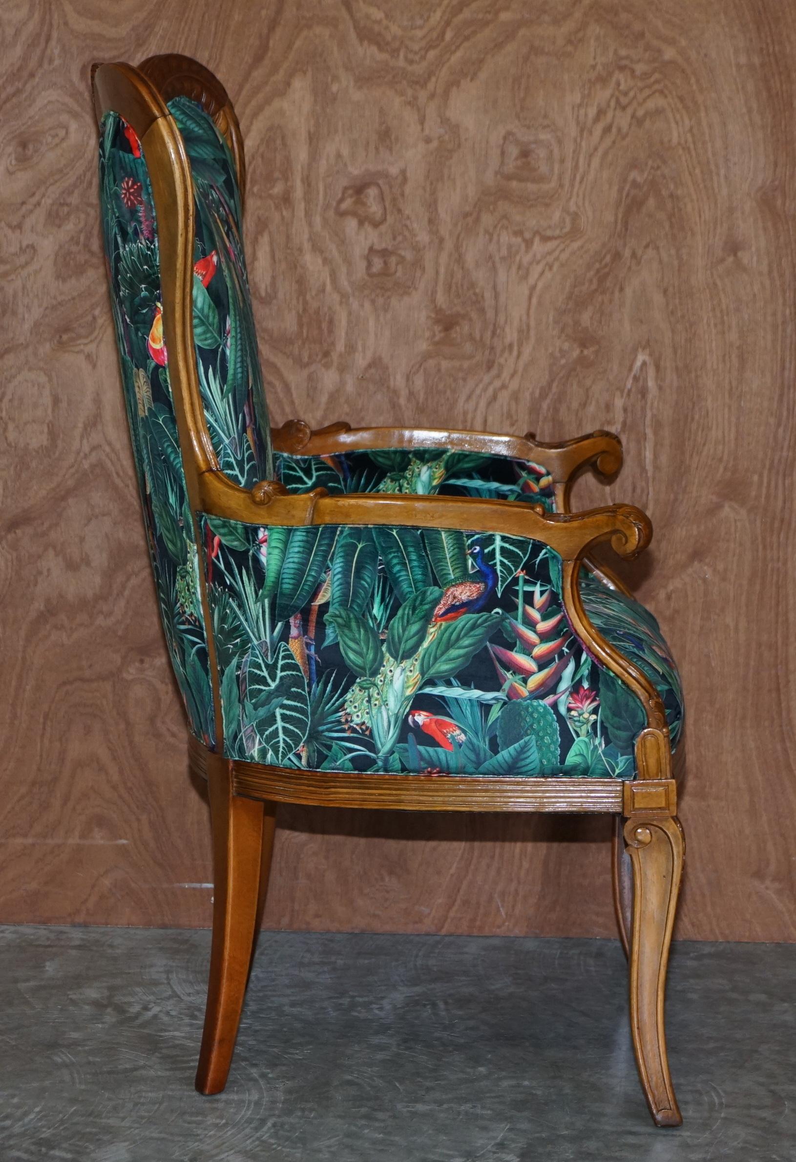 Lovely Vintage Italian Carved Walnut Armchair with Birds of Paradise Upholstery For Sale 5