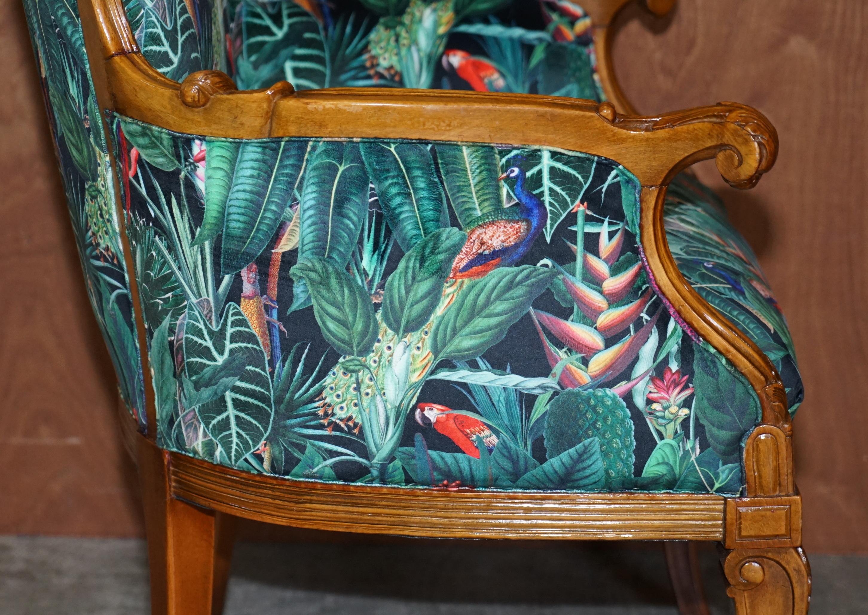 Lovely Vintage Italian Carved Walnut Armchair with Birds of Paradise Upholstery For Sale 6