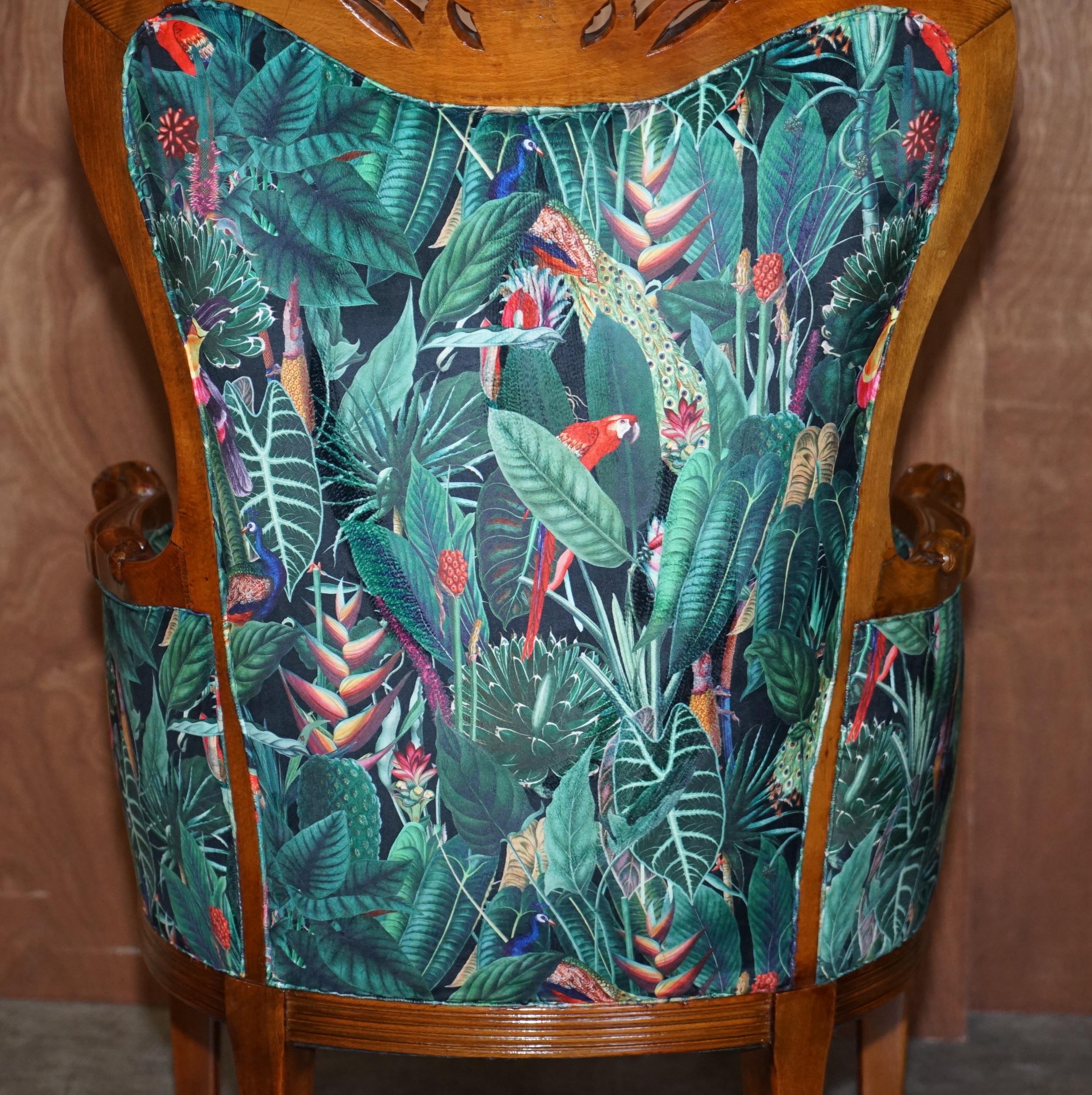 Lovely Vintage Italian Carved Walnut Armchair with Birds of Paradise Upholstery For Sale 8
