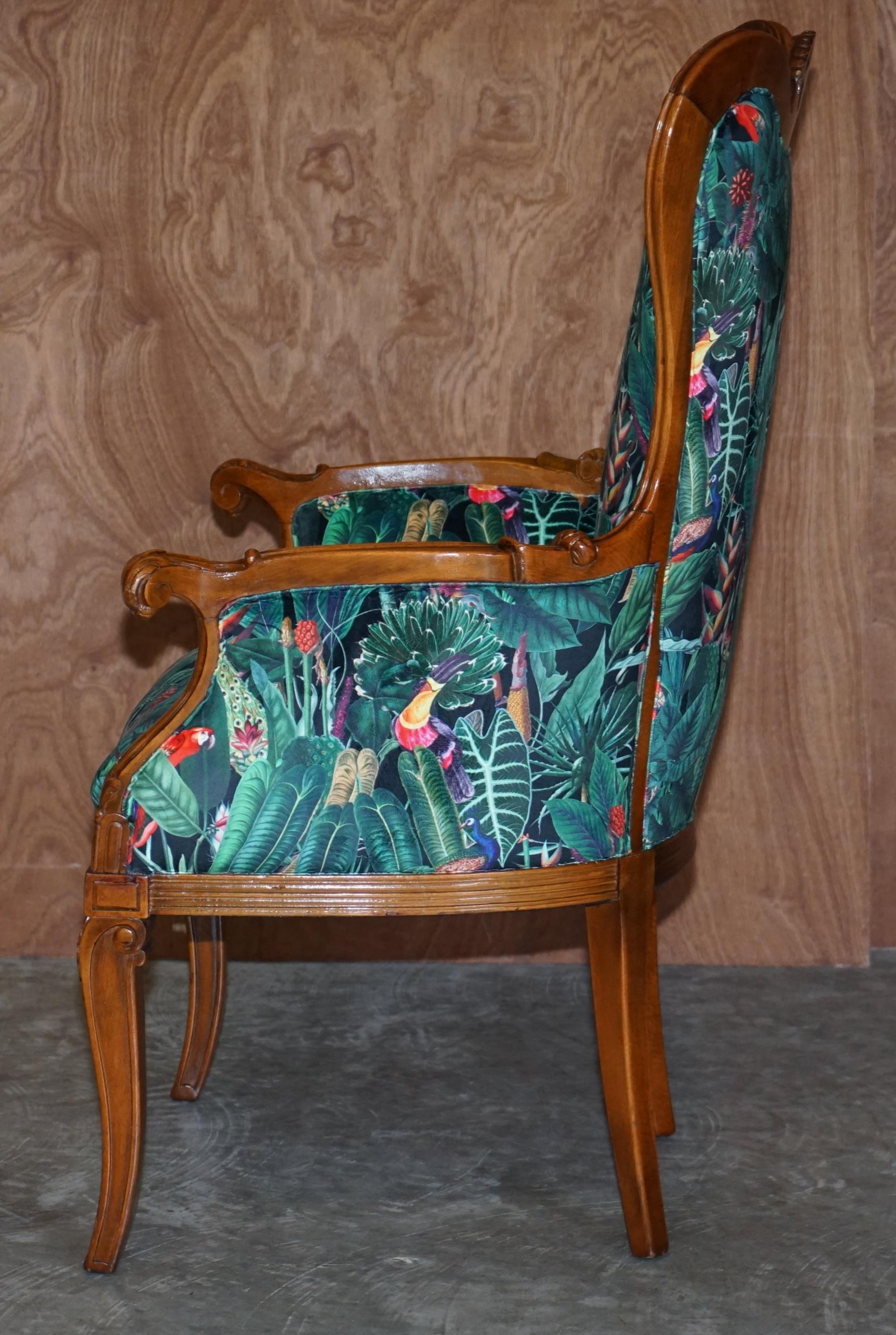 Lovely Vintage Italian Carved Walnut Armchair with Birds of Paradise Upholstery For Sale 9