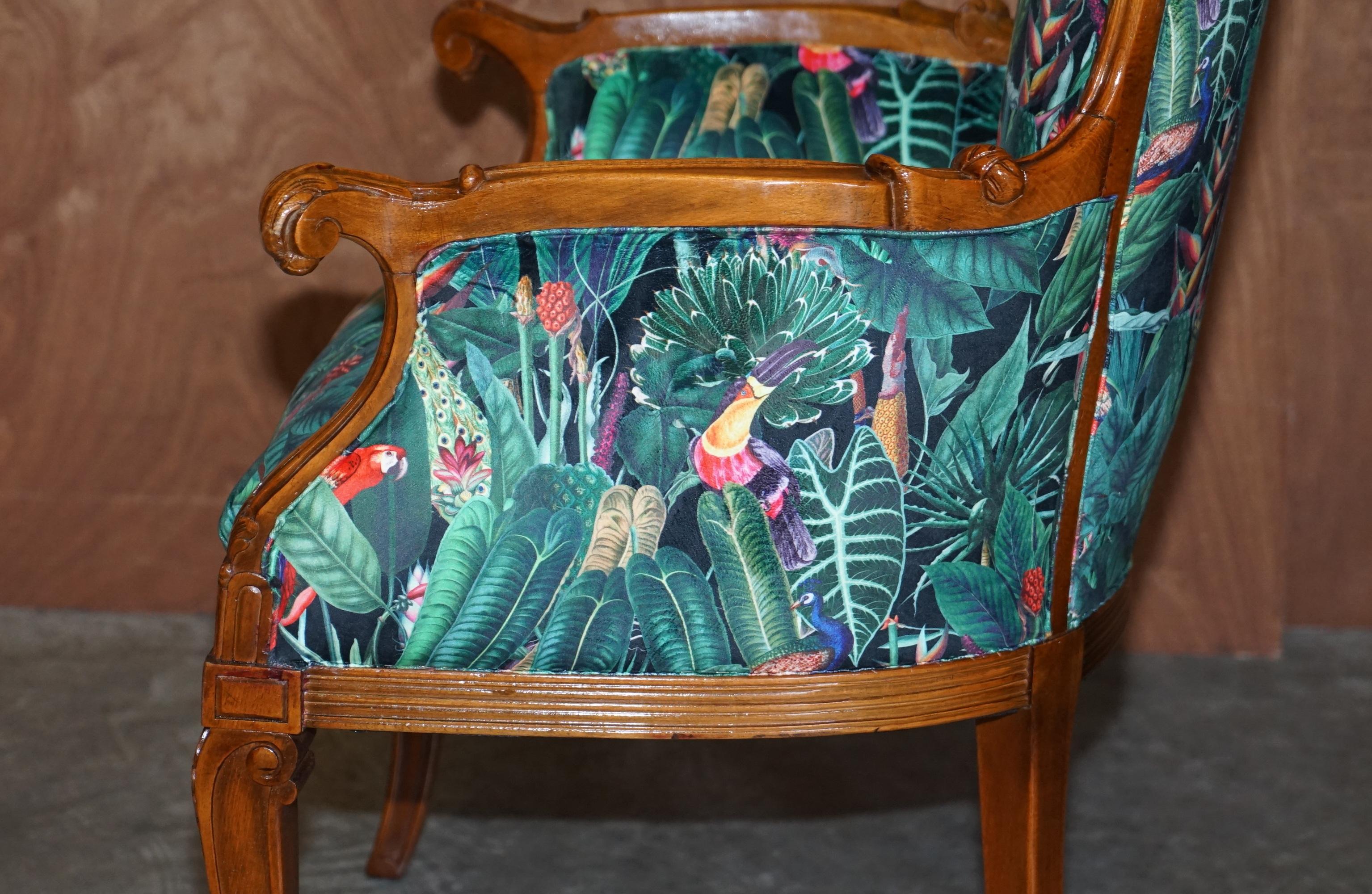Lovely Vintage Italian Carved Walnut Armchair with Birds of Paradise Upholstery For Sale 10