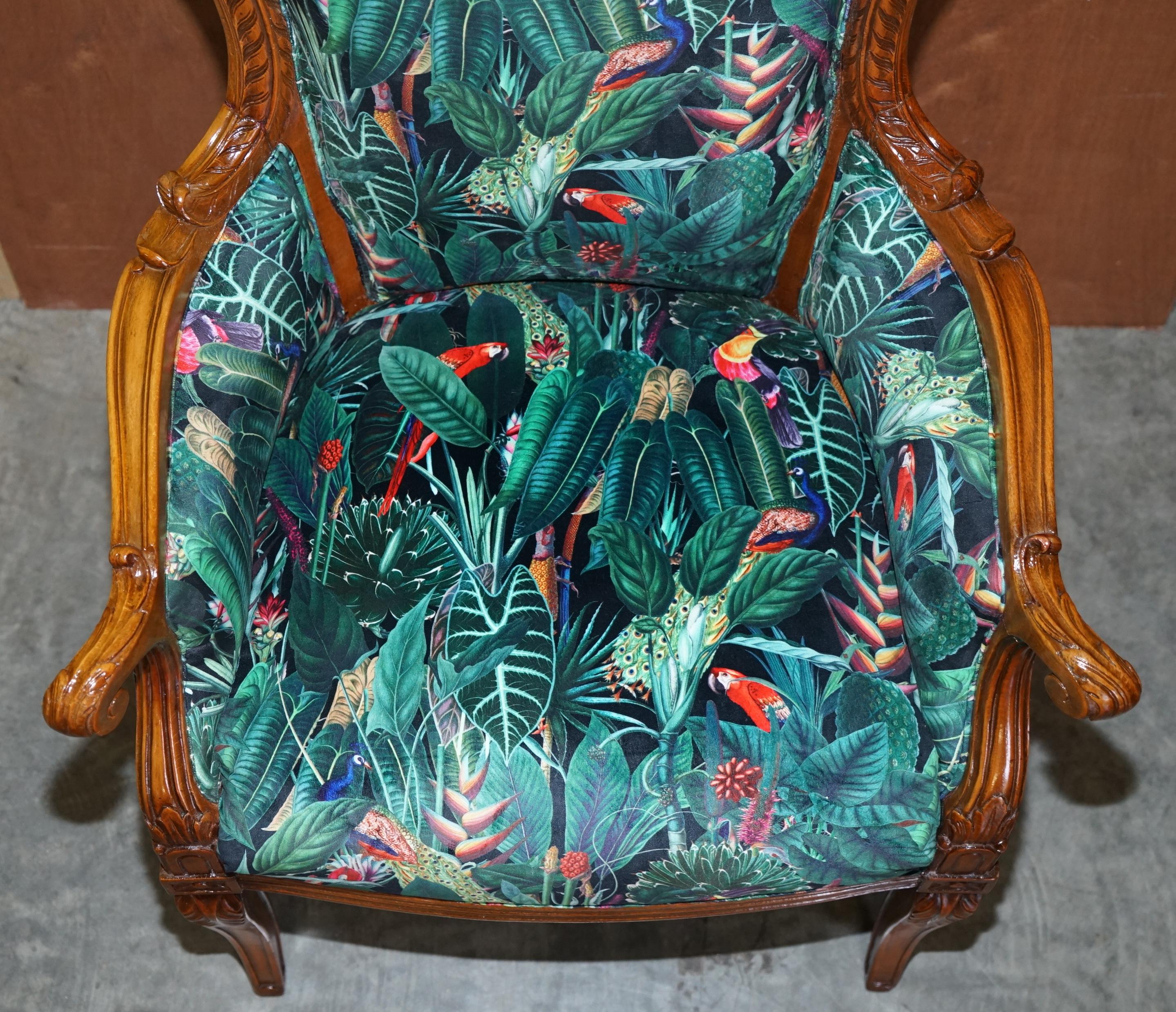 Country Lovely Vintage Italian Carved Walnut Armchair with Birds of Paradise Upholstery For Sale