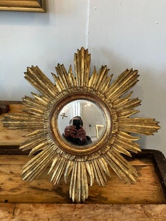 Ravissant miroir vintage italien fait main en bois doré Sunburst