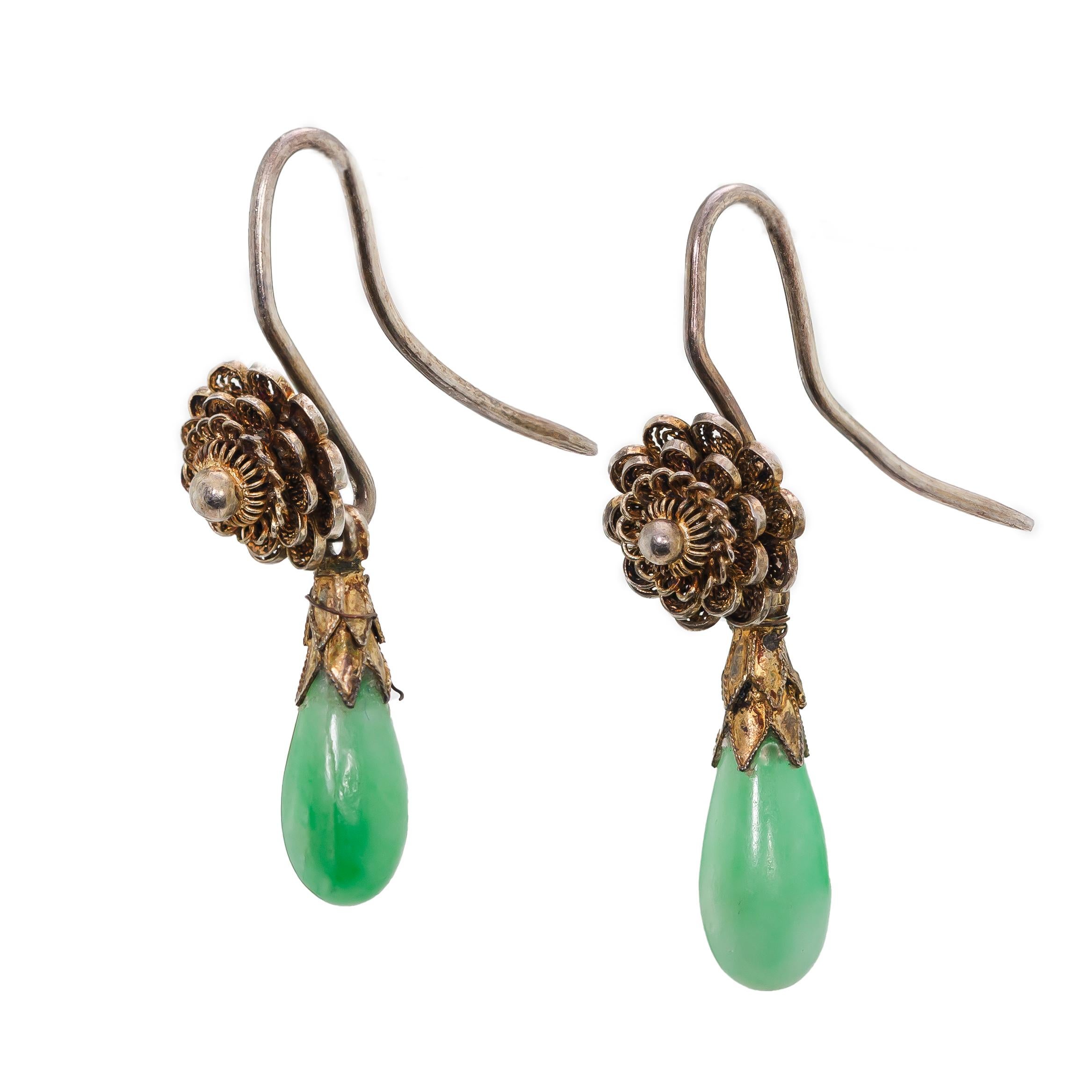 Pear Cut Lovely Vintage Jade and Silver Gilt Earrings For Sale