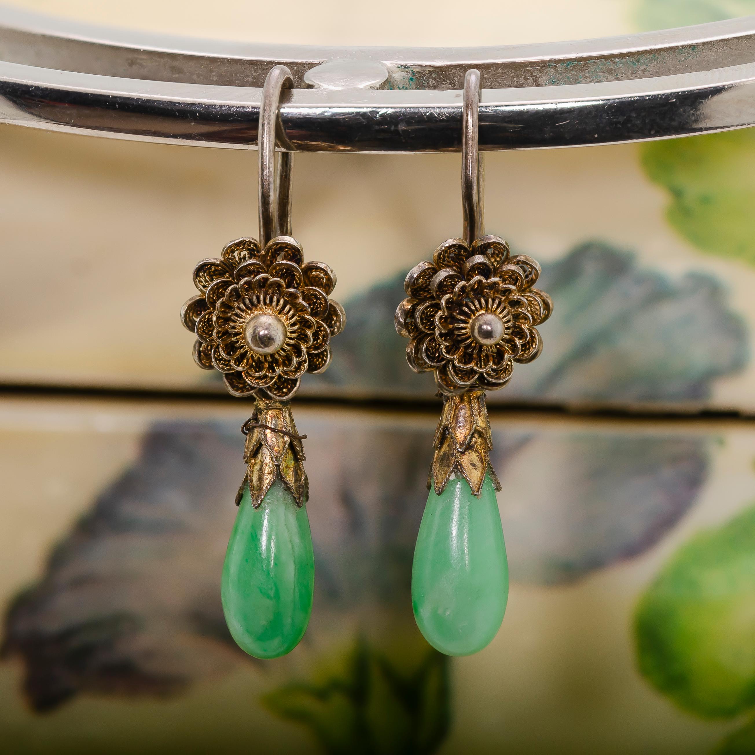 Women's or Men's Lovely Vintage Jade and Silver Gilt Earrings For Sale