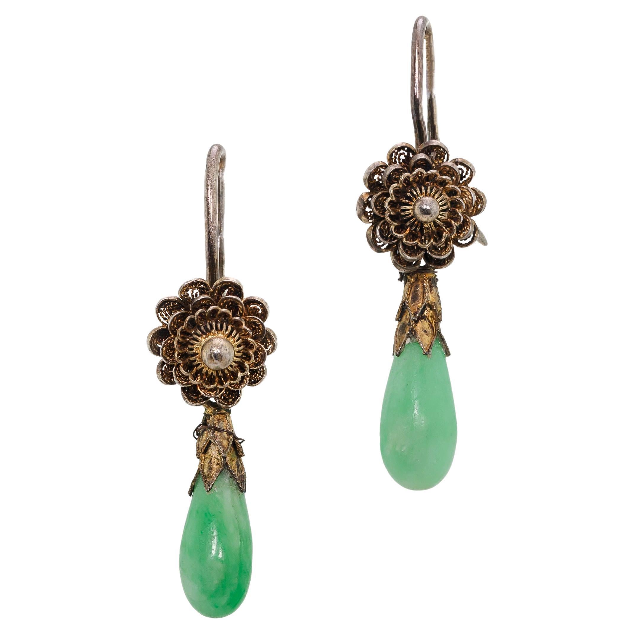 Lovely Vintage Jade and Silver Gilt Earrings For Sale
