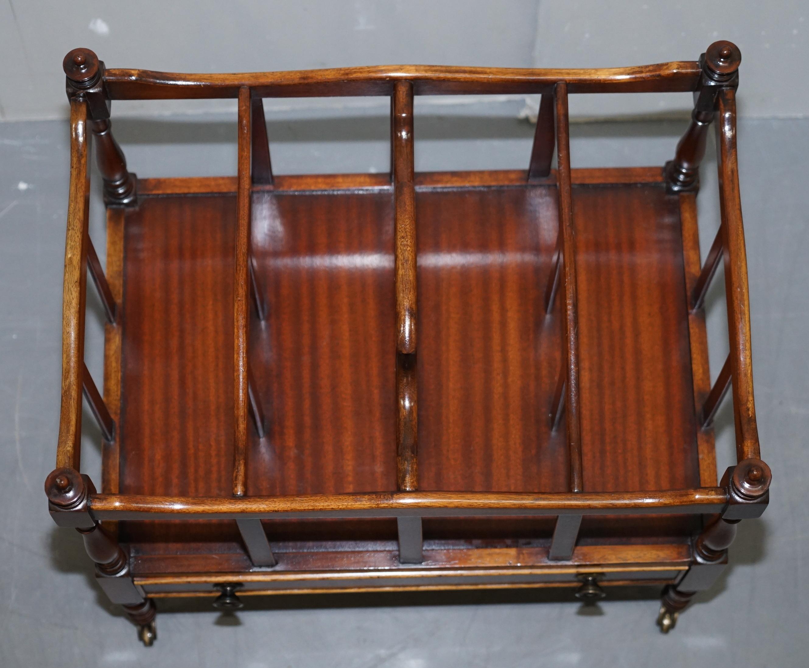 Hand-Crafted Lovely Vintage Hardwood Magazine Rack with Castors and Single Drawer Whatnot For Sale