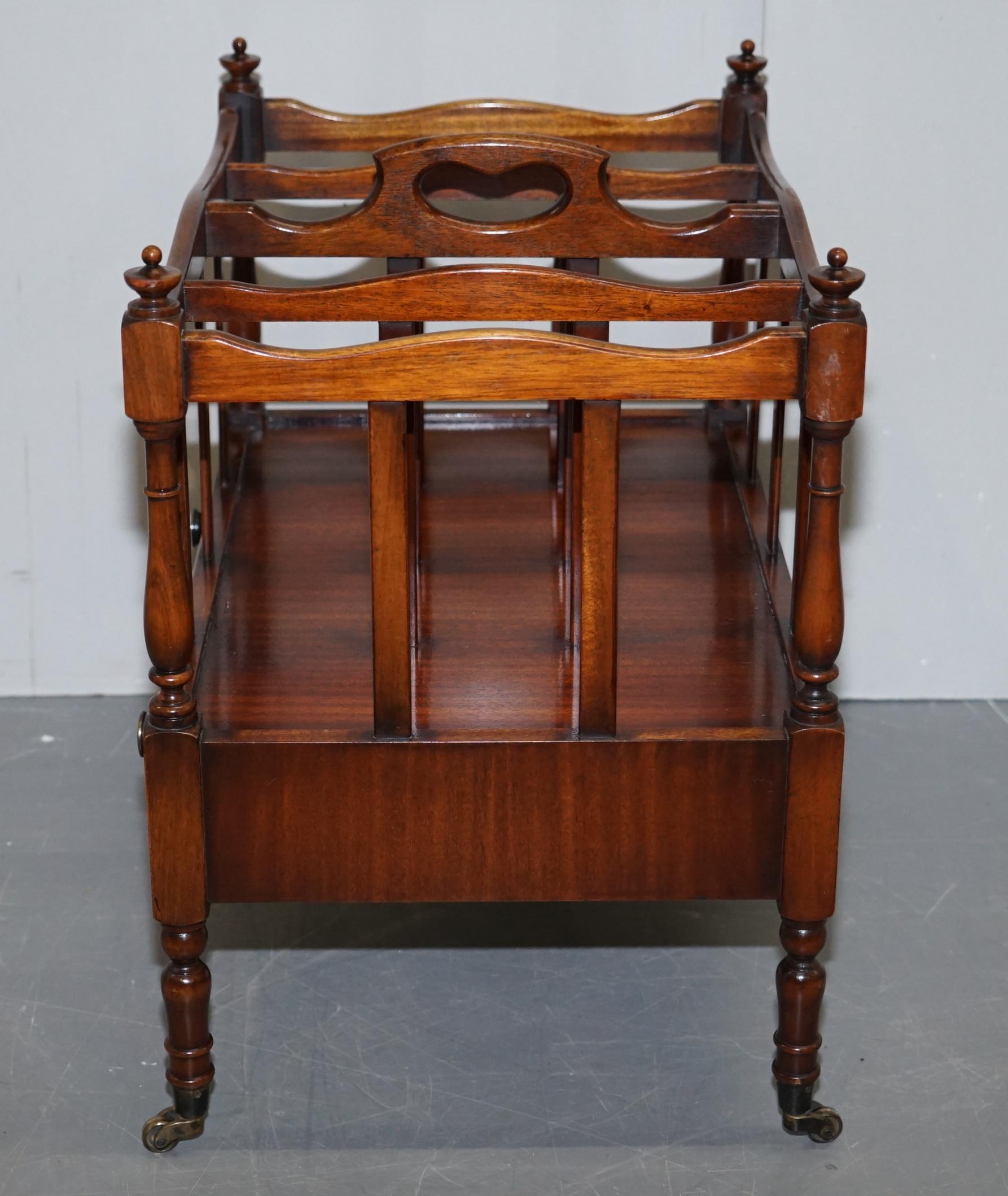 Lovely Vintage Hardwood Magazine Rack with Castors and Single Drawer Whatnot For Sale 1