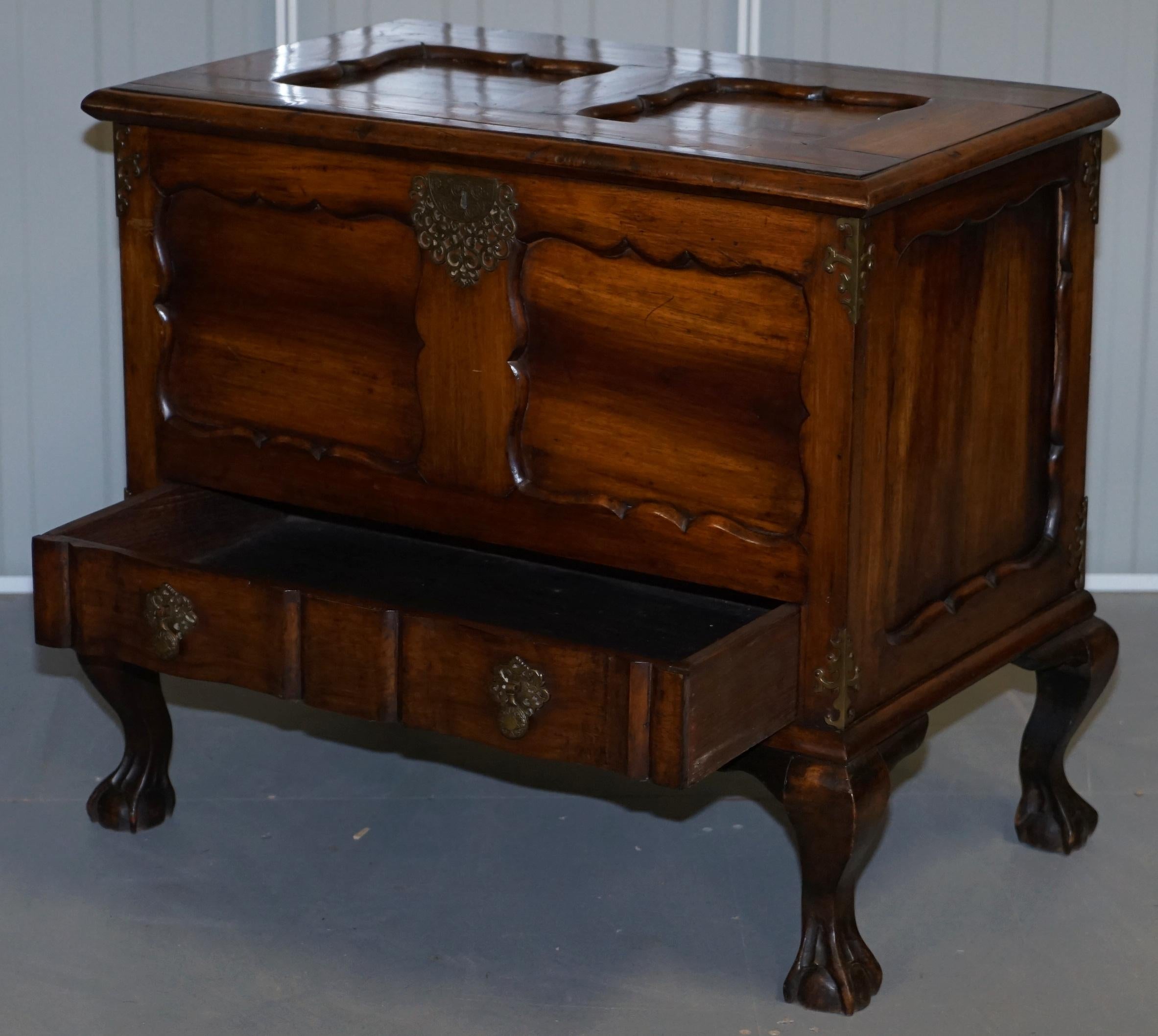 Modern Lovely Vintage Hardwood Ornately Carved Trunk Chest with Drawer Claw & Ball Legs For Sale