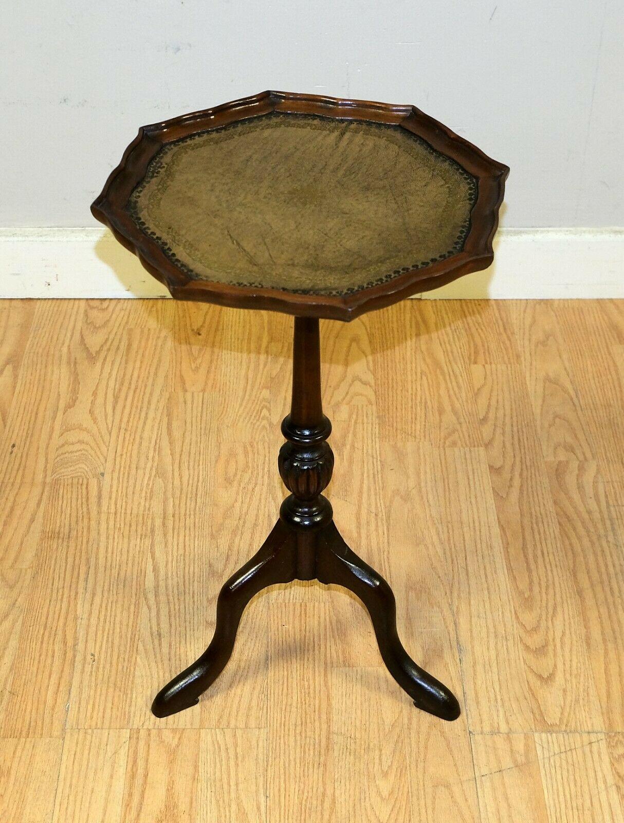 Lovely Vintage Hardwood Pie Crust Edge Tripod Side/Wine Table Brown Leather Top 4