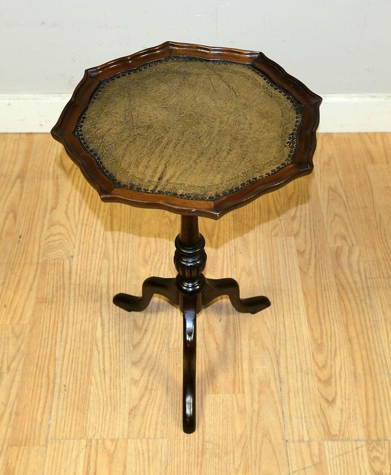 Lovely Vintage Hardwood Pie Crust Edge Tripod Side/Wine Table Brown Leather Top 1