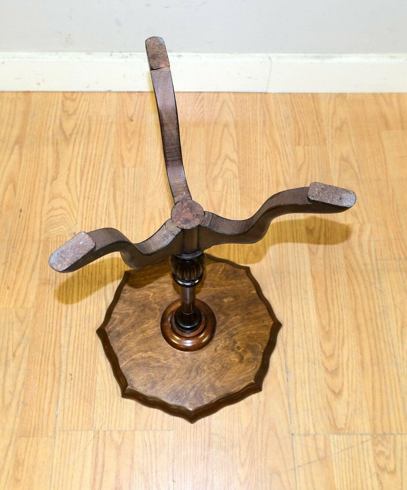 Lovely Vintage Hardwood Pie Crust Edge Tripod Side/Wine Table Brown Leather Top 2