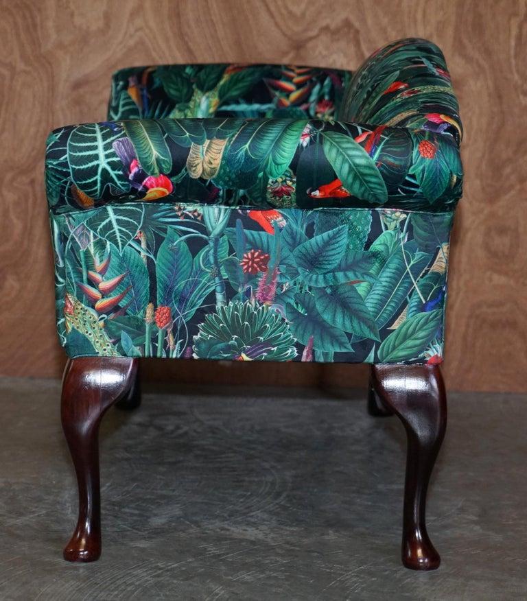 Lovely Vintage Mini Window Seat Bench Sofa with Birds of Paradise Upholstery For Sale 4