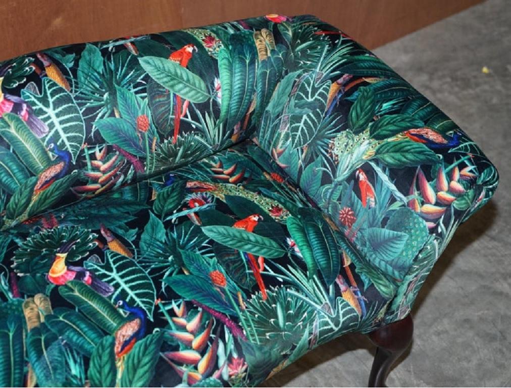 Hand-Crafted Lovely Vintage Mini Window Seat Bench Sofa with Birds of Paradise Upholstery For Sale
