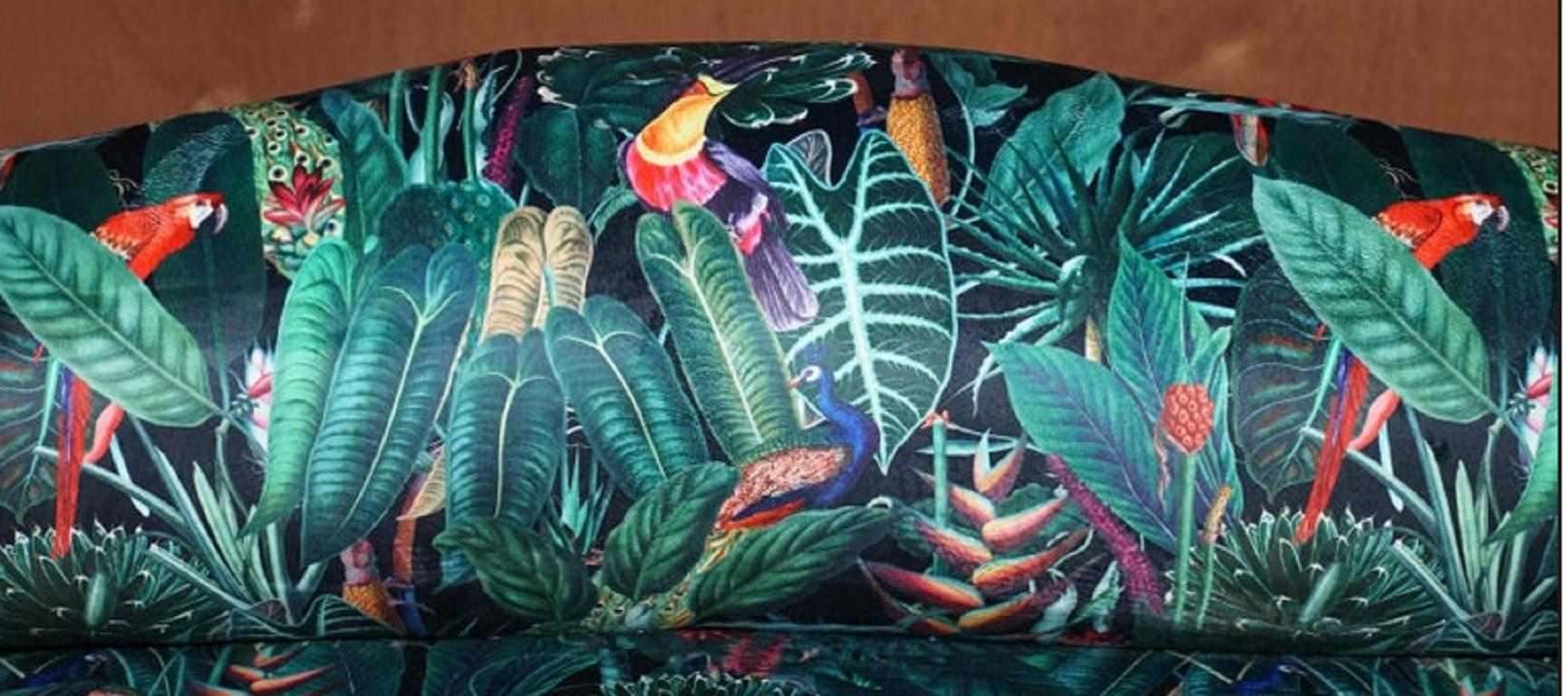20th Century Lovely Vintage Mini Window Seat Bench Sofa with Birds of Paradise Upholstery For Sale
