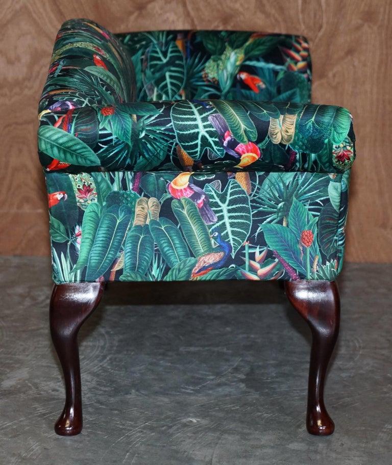 Lovely Vintage Mini Window Seat Bench Sofa with Birds of Paradise Upholstery For Sale 3