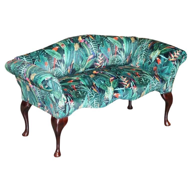 Lovely Vintage Mini Window Seat Bench Sofa with Birds of Paradise Upholstery For Sale