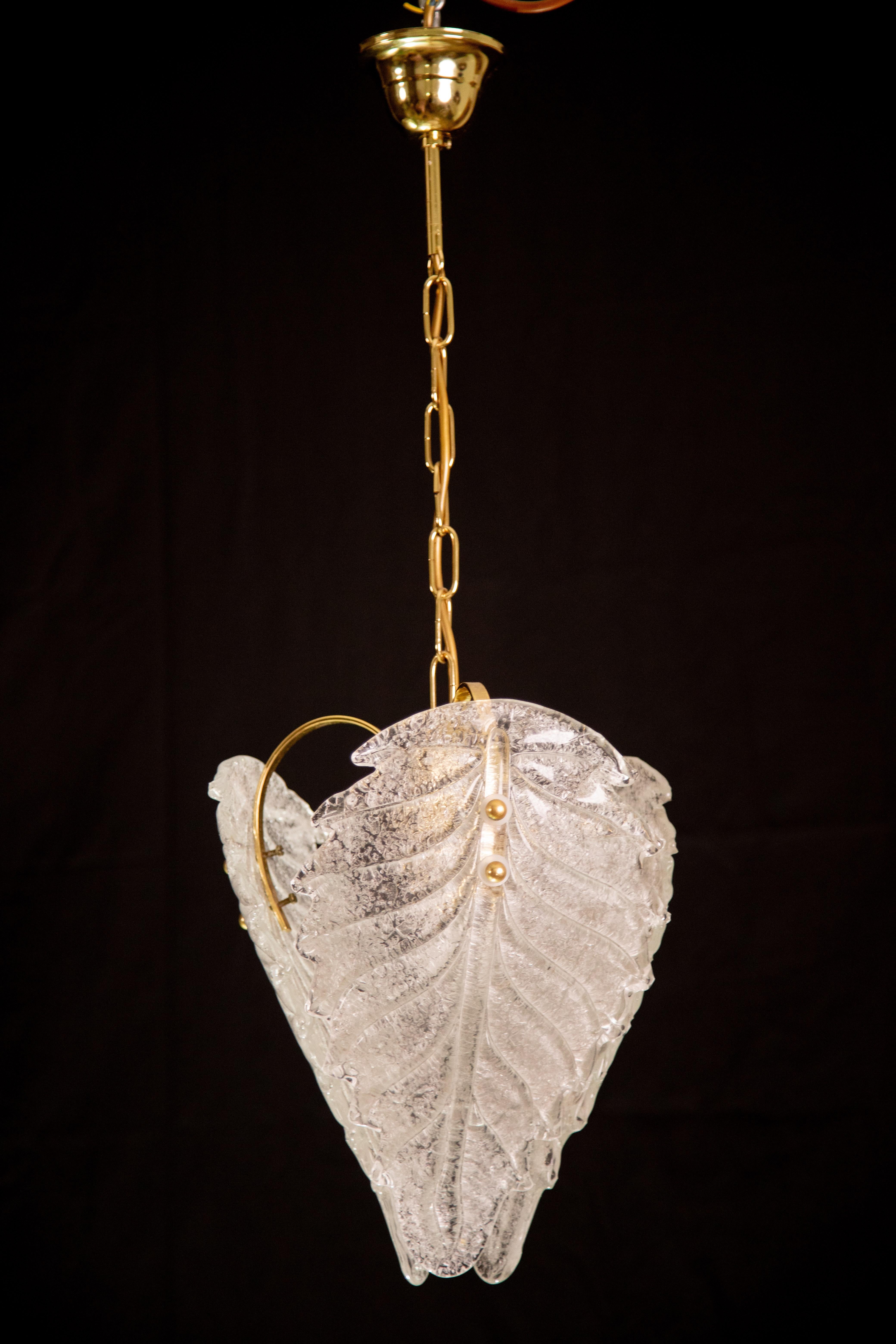 Murano chandelier formed by 3 large leaves

1970s era.

Gold bath frame.

Excellent vintage condition.