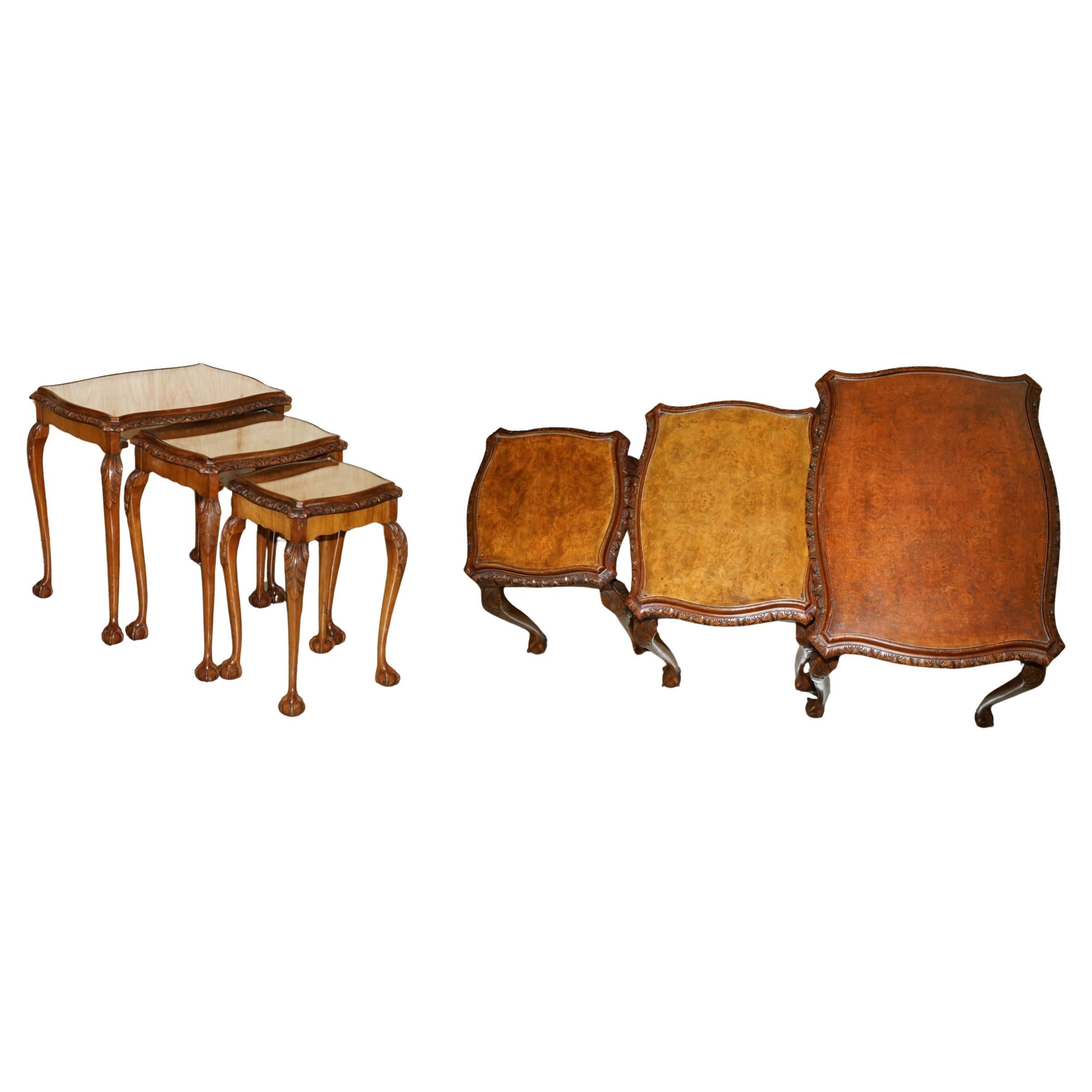 LOVELY ViNTAGE NEST OF THREE BURR WALNUT CLAW & BALL FEET SIDE END WINE TABLES