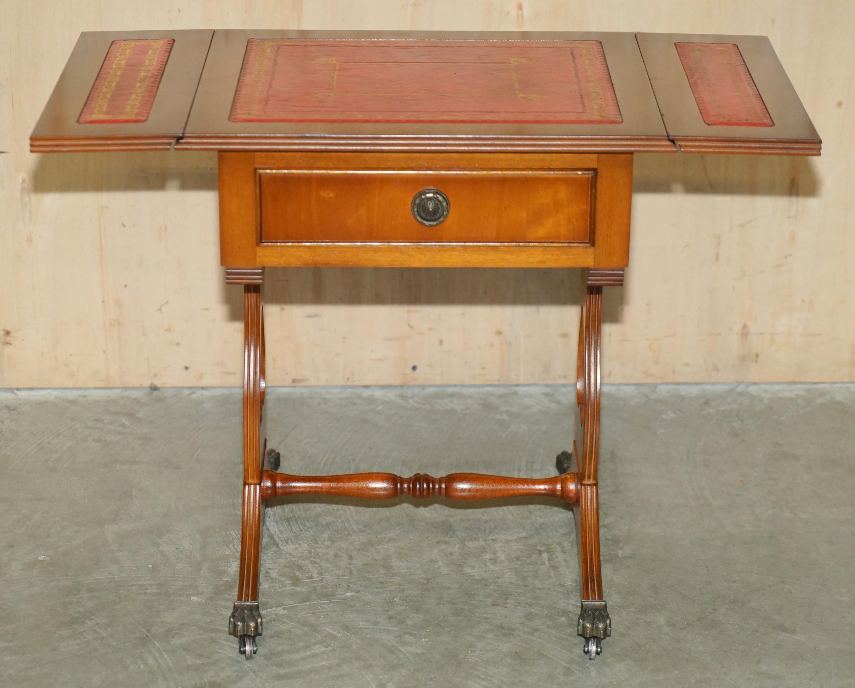 LOVELY ViNTAGE OXBLOOD LEATHER EXTENDING SIDE TABLE WITH GOLD LEAF INLAY For Sale 11