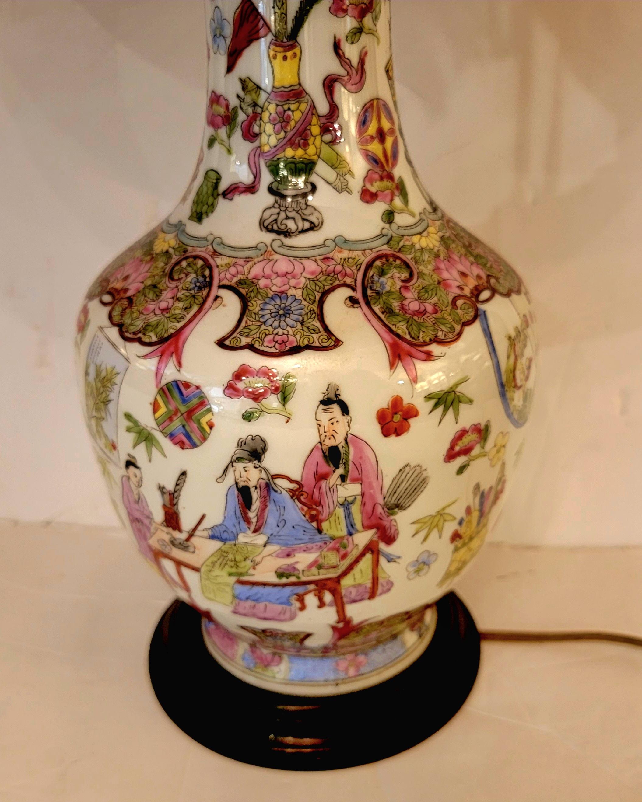 Chinese Lovely Vintage Pair of Famille Rose Lamps 