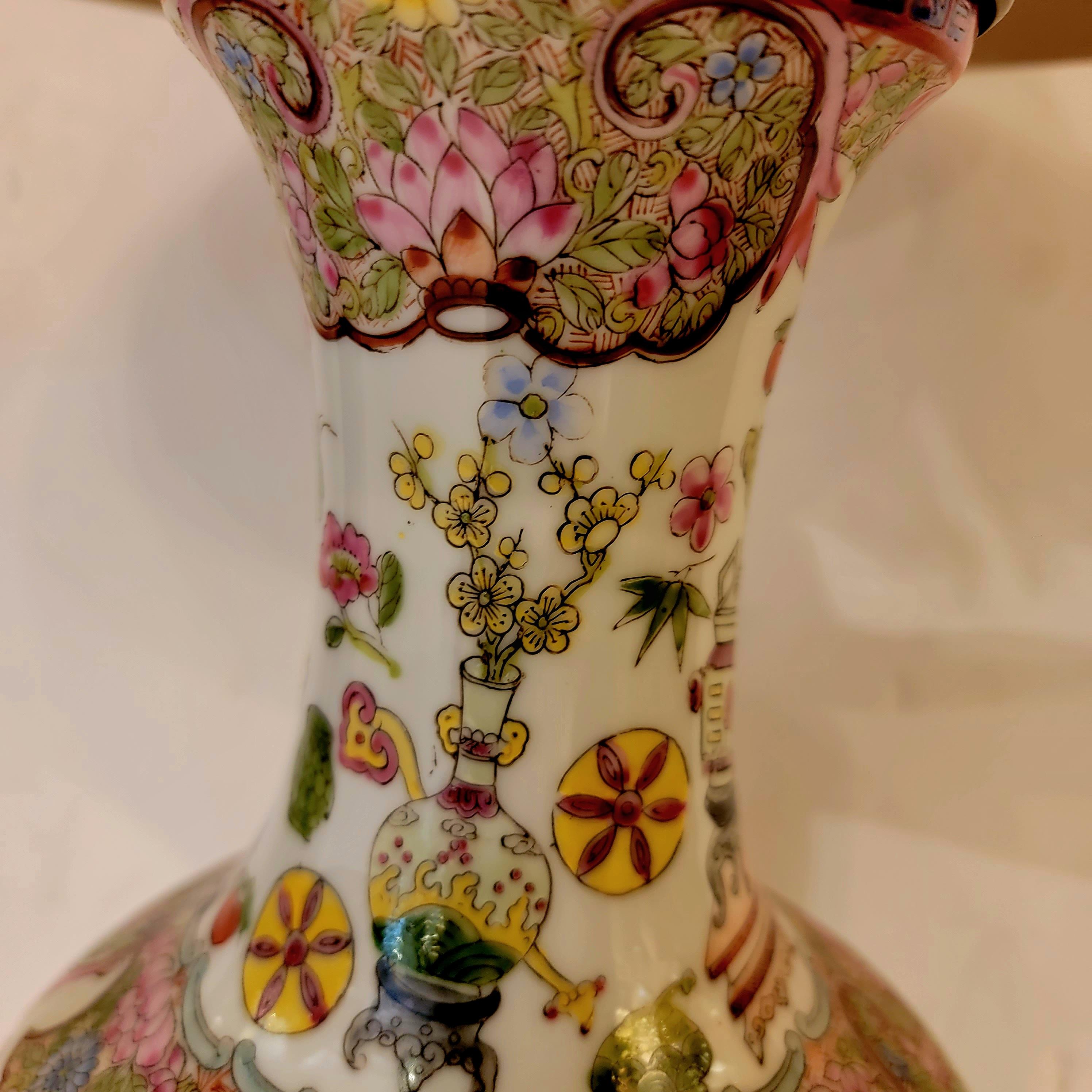 Porcelain Lovely Vintage Pair of Famille Rose Lamps  For Sale