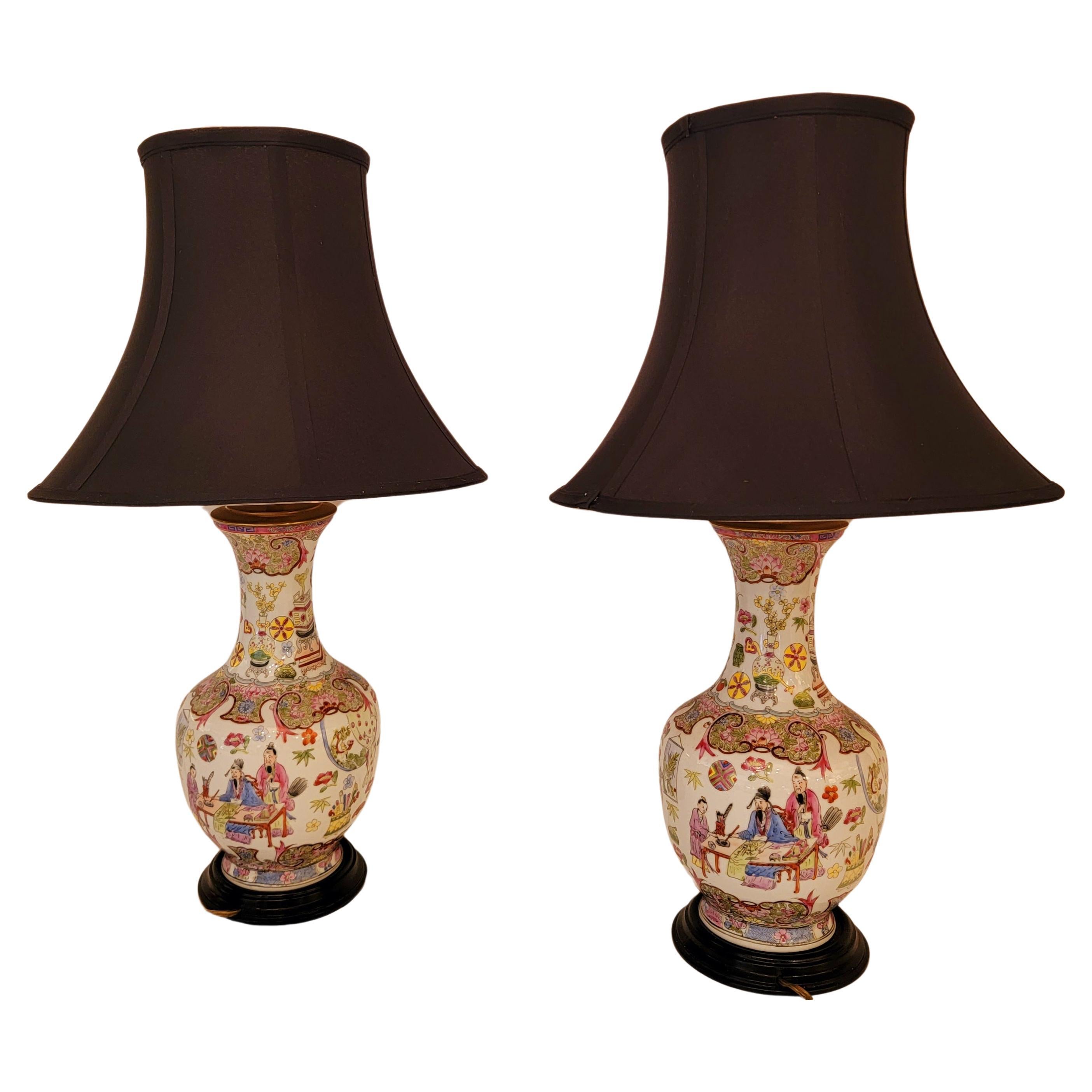 Lovely Vintage Pair of Famille Rose Lamps  For Sale