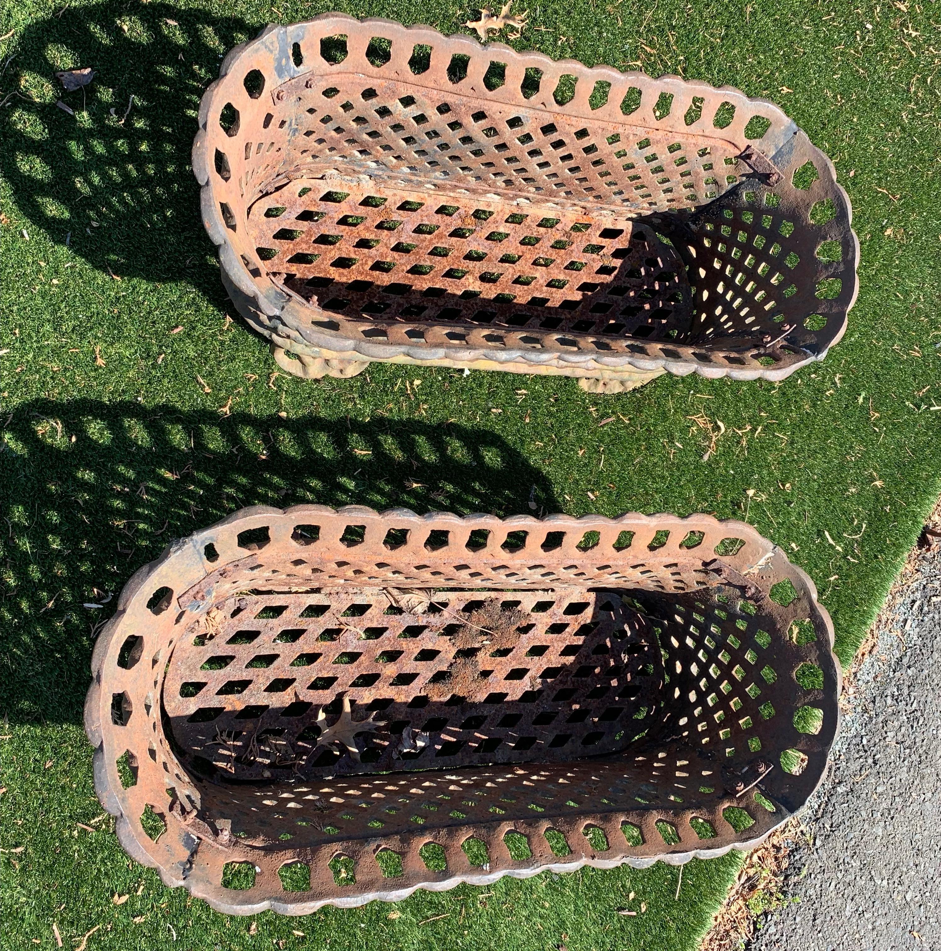 North American Lovely Vintage Pair of Oblong Weave Design Iron Basket Motife Planters