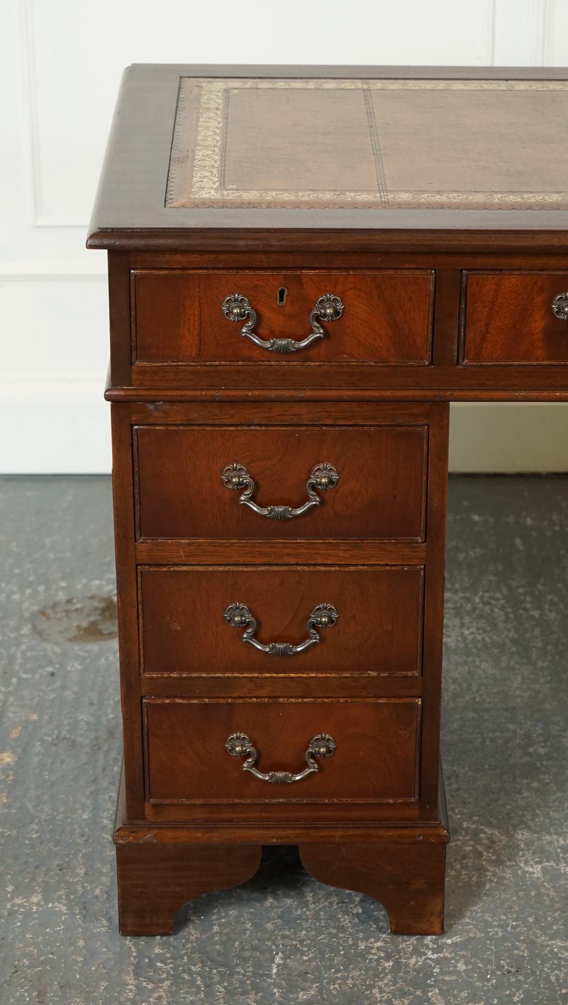Hand-Crafted LOVELY VINTAGE PEDESTAL DESK WiTH EMBOSSED BROWN LEATHER For Sale