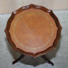 Lovely Vintage Pie Crust Edge Brown Leather Tripod Side End Lamp Wine Table