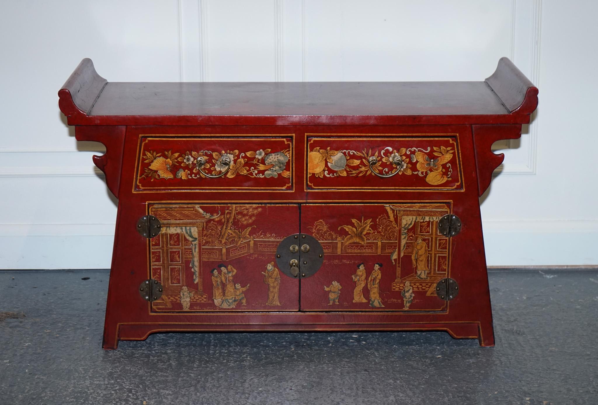 Chinese Export LOVELY VINTAGE RED HAND PAINTED CHINESE SIDEBOARD TV CABiNET