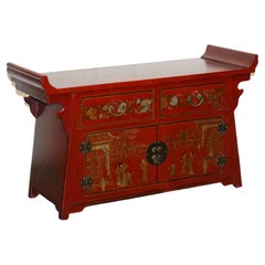 LOVELY VINTAGE RED HAND PAINTED CHINESE SIDEBOARD TV CABiNET